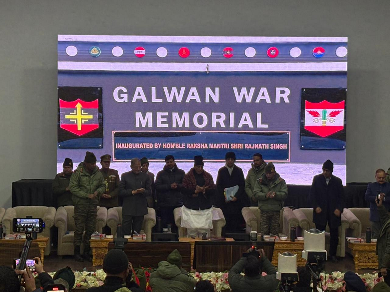 Defence Minister Rajnath Singh during the inauguration of Galwan War Memorial in Leh. (Photo/ANI)