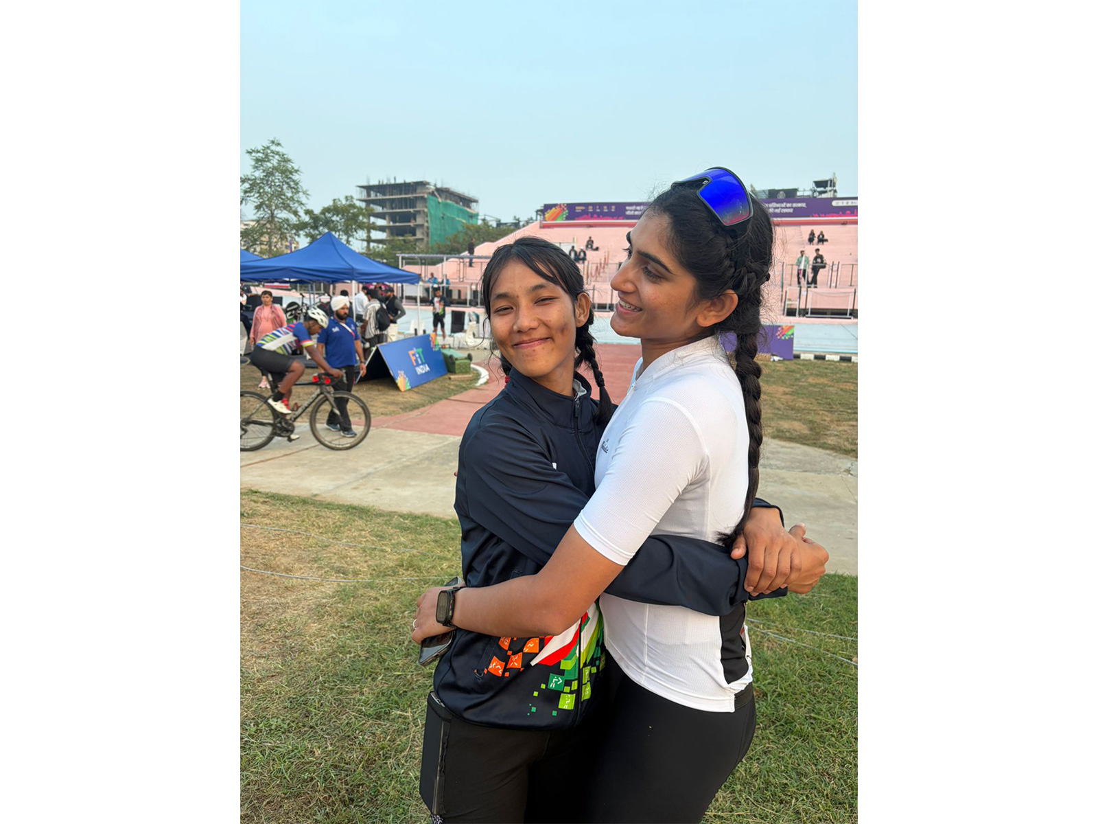 Meenakshi Rohilla along with cyclist Khoirom Rajiya Devi after the race at Khelo India University Games 2025 (Image: SAI media)