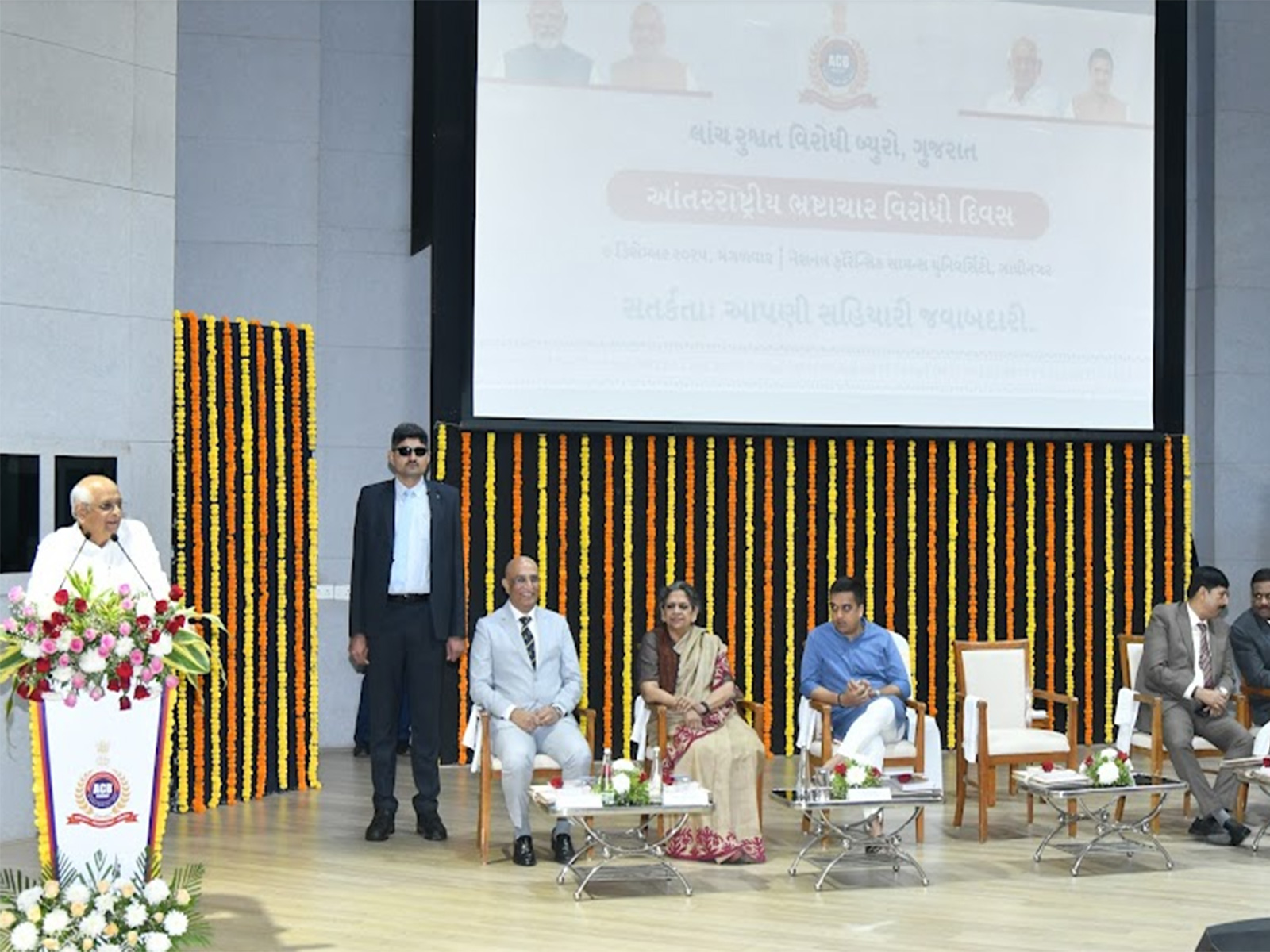 Gujarat CM Bhupendra Patel speaking at the Anti-Corruption Day programme on Tuesday. (Photo/Gujarat CMO)