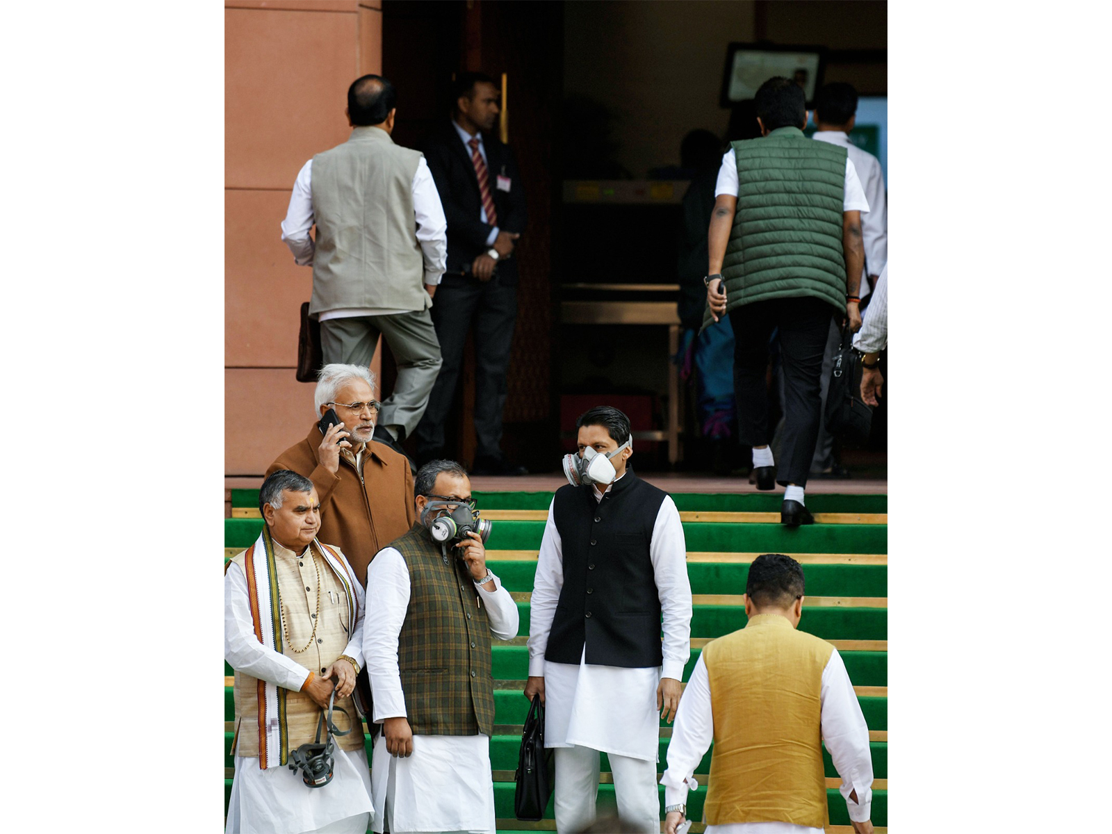 Congress MP Dipendra Hooda and other MPs wear gas masks to protest against air pollution (File Photo/ANI)