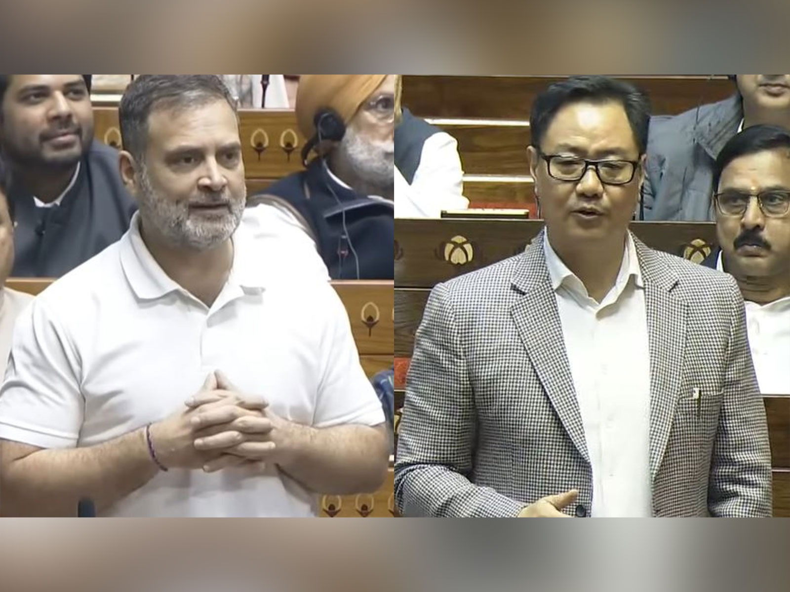 Lok Sabha LoP Rahul Gandhi and Union Minister Kiren Rijiju (Photo/Sansad TV)