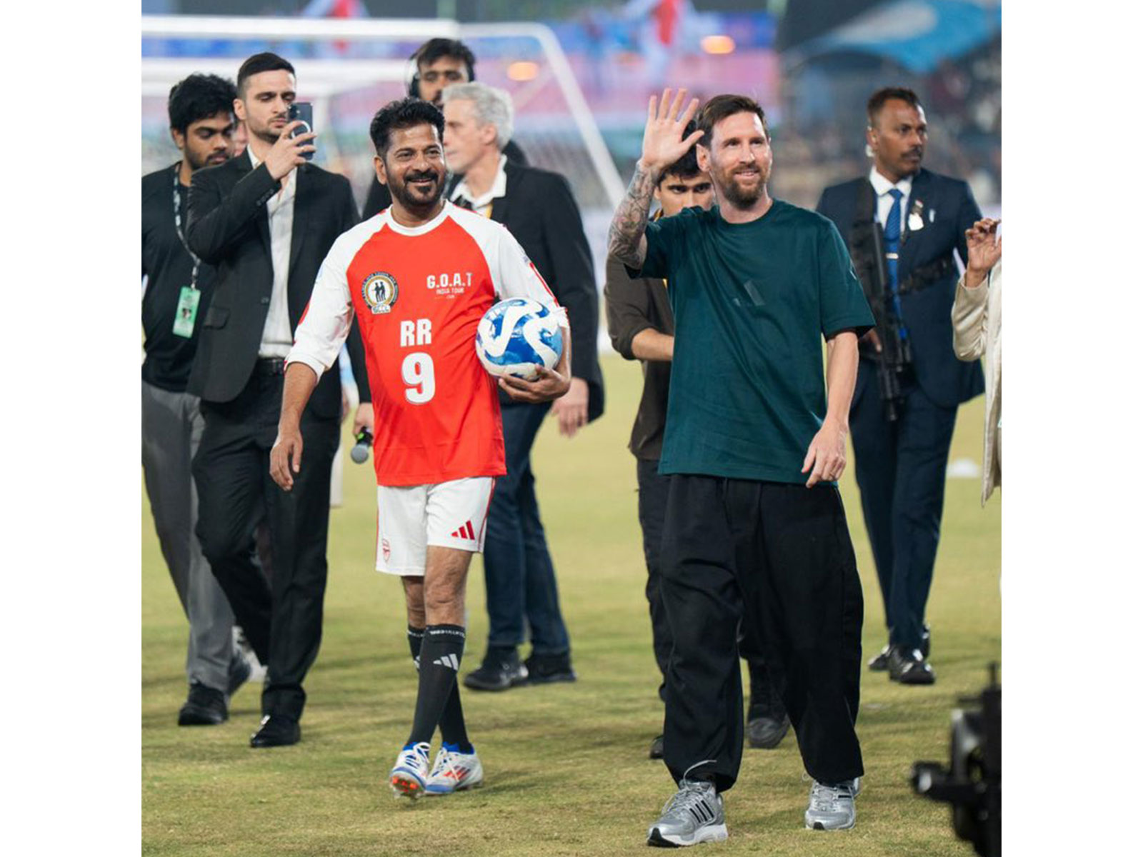 Lionel Messi with Telangana CM Revanth Reddy. (Photo: @revanth_anumula X)