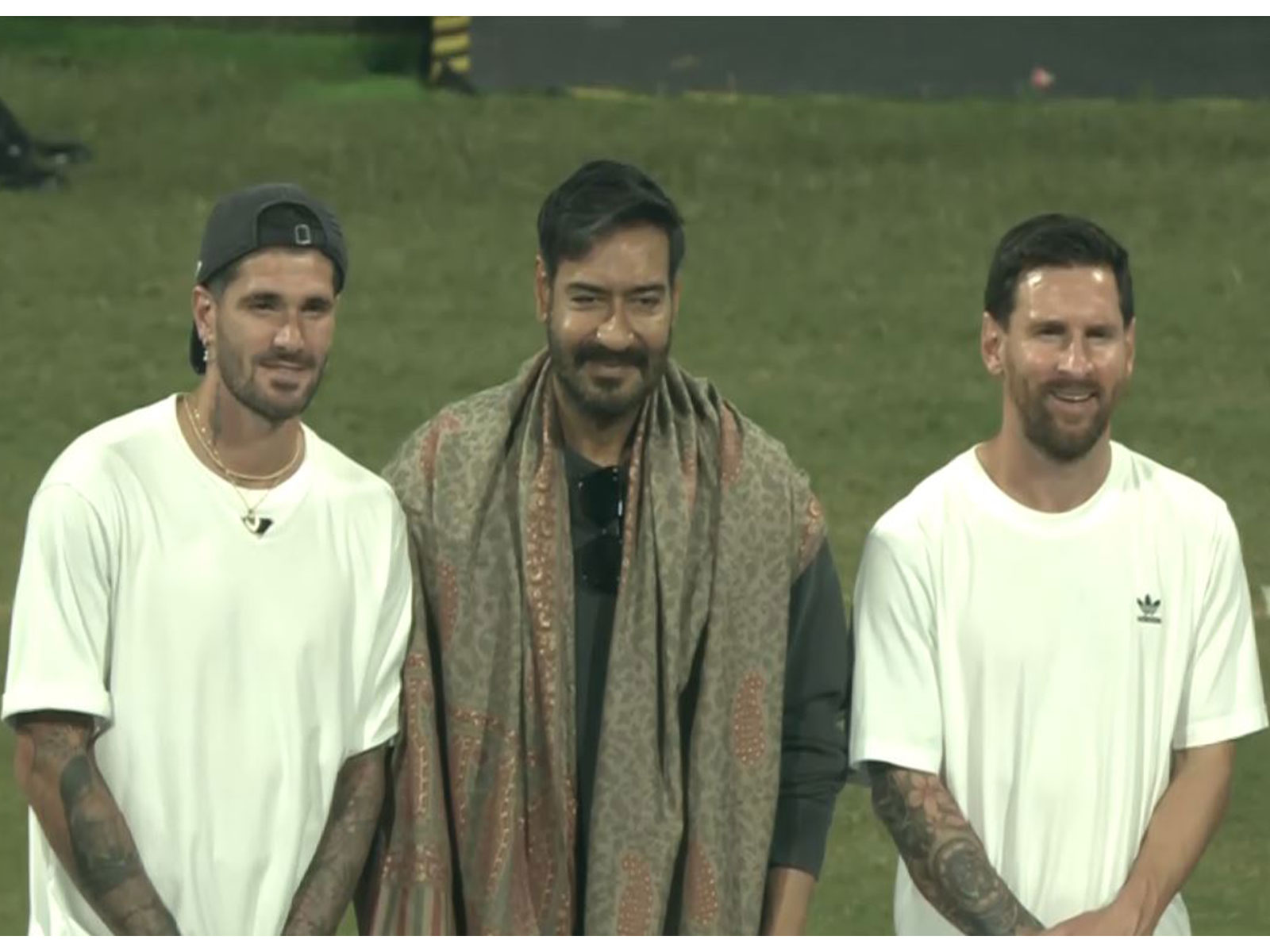 Rodrigo de Paul, Ajay Devgn and Lionel Messi (Photo/ANI)