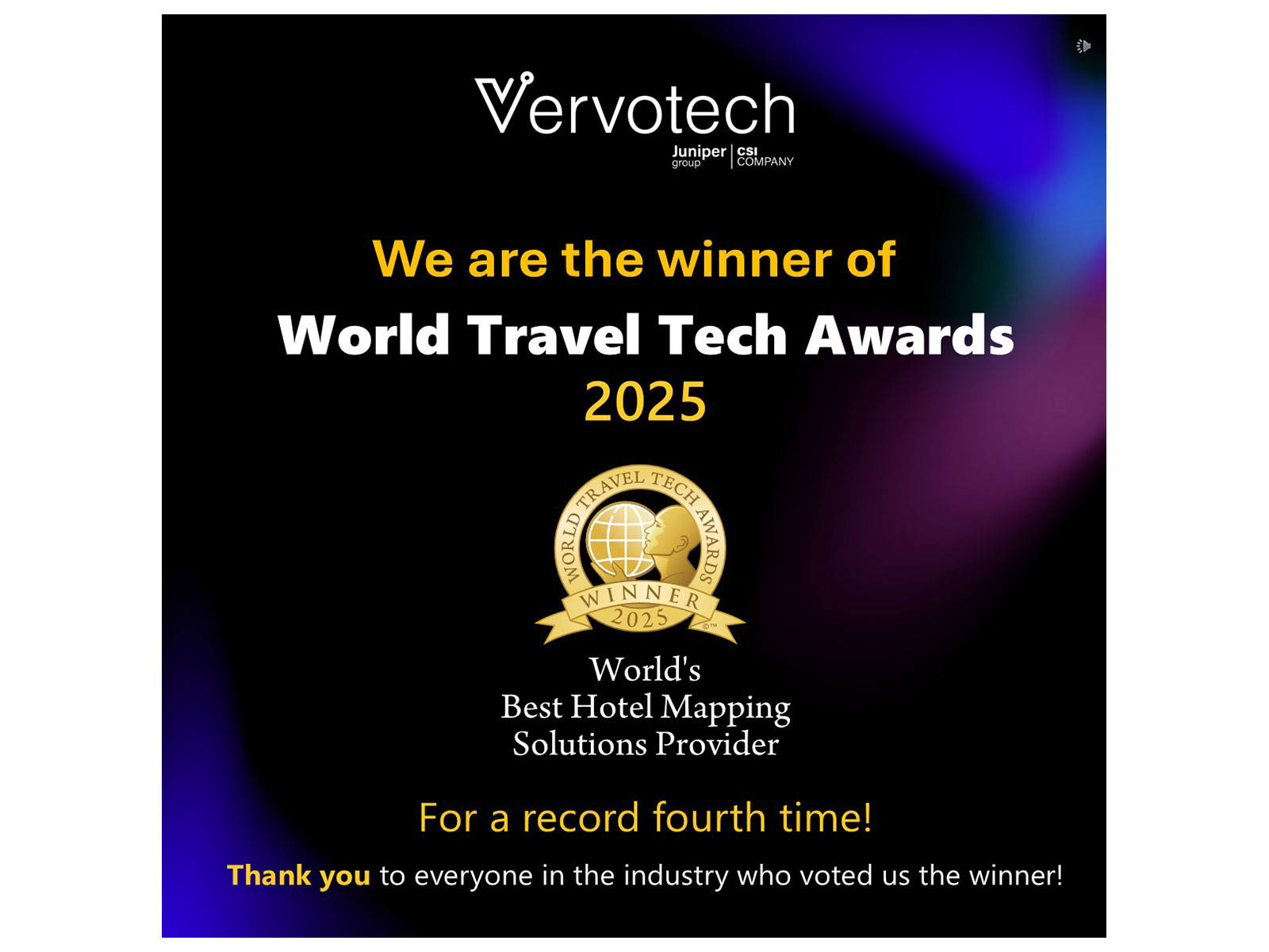 Vervotech awarded 'world's best mapping solutions provider' for the fourth time by World Travel-Tech Awards 2025
