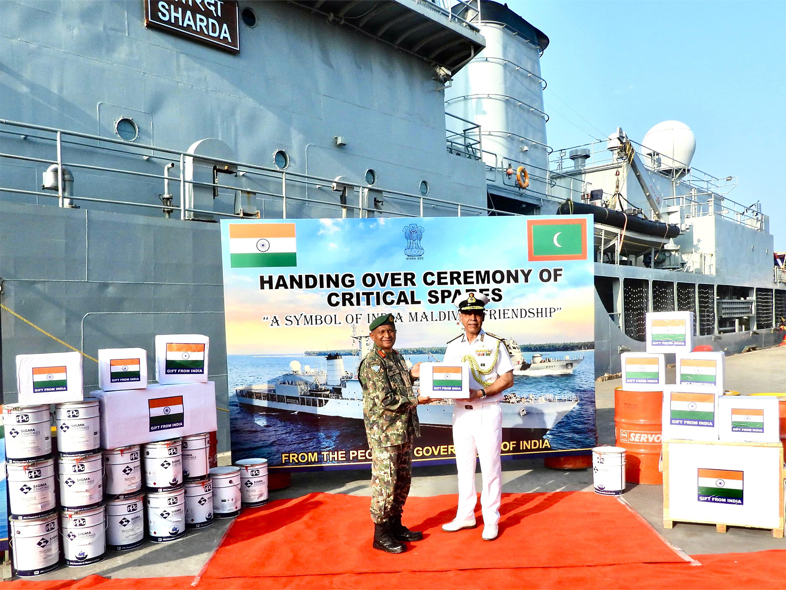 Deputy Chief of Naval Staff of Indian Navy hands over operational spares for MNDF Coast Guard Ship Huravee to Maldives CDF (Photo/X@indiannavy)