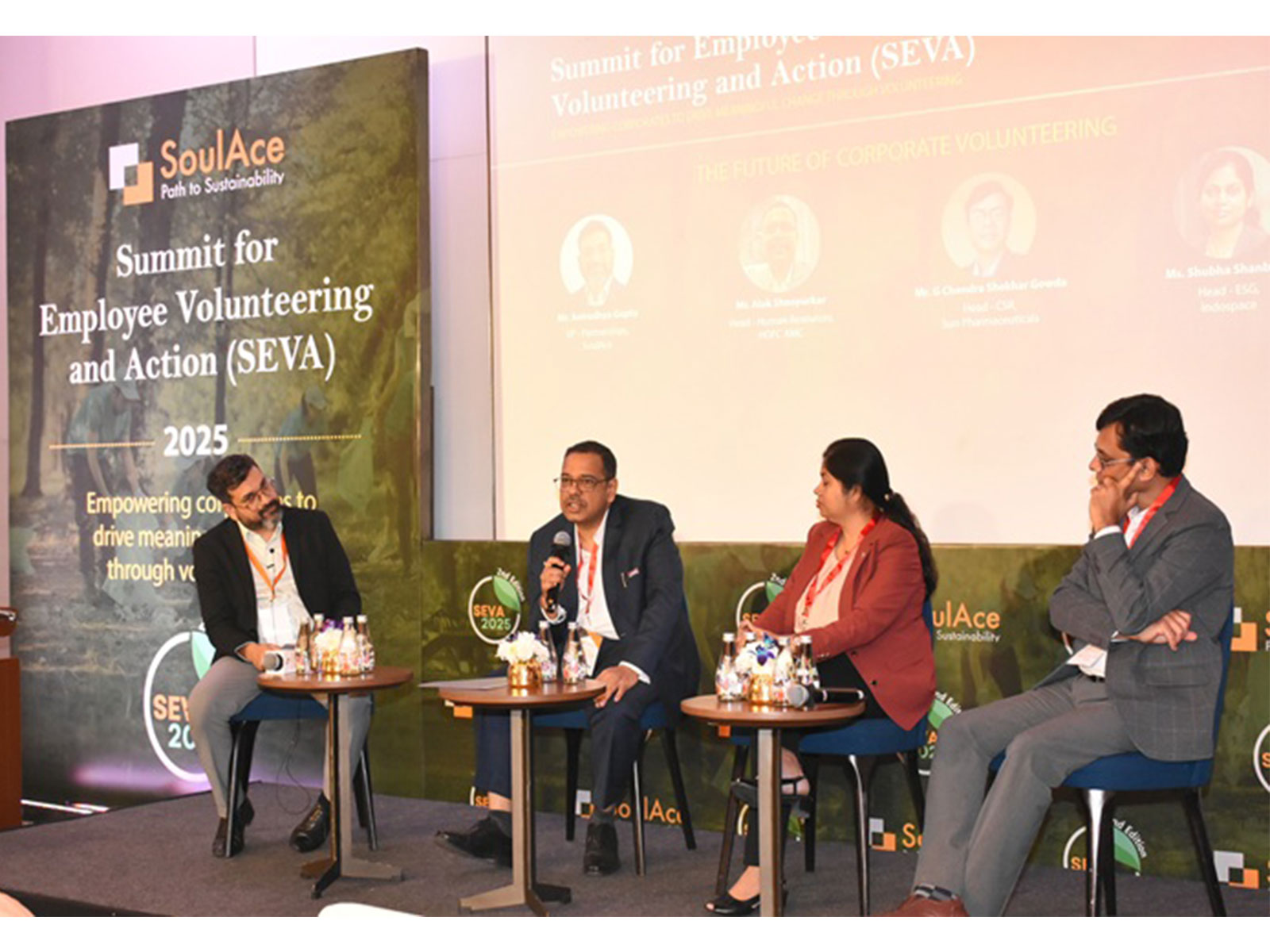 (L-R) Mr Anirudhya Gupta, VP - Partnerships, SoulAce; Mr Alok Sheopurkar, Head-Human Resources, HDFC AMC; Ms. Shubha Shanbhag, Head - ESG, IndoSpace; Mr Chandra Shekhar Gowda, Head - CSR, Sun Pharma