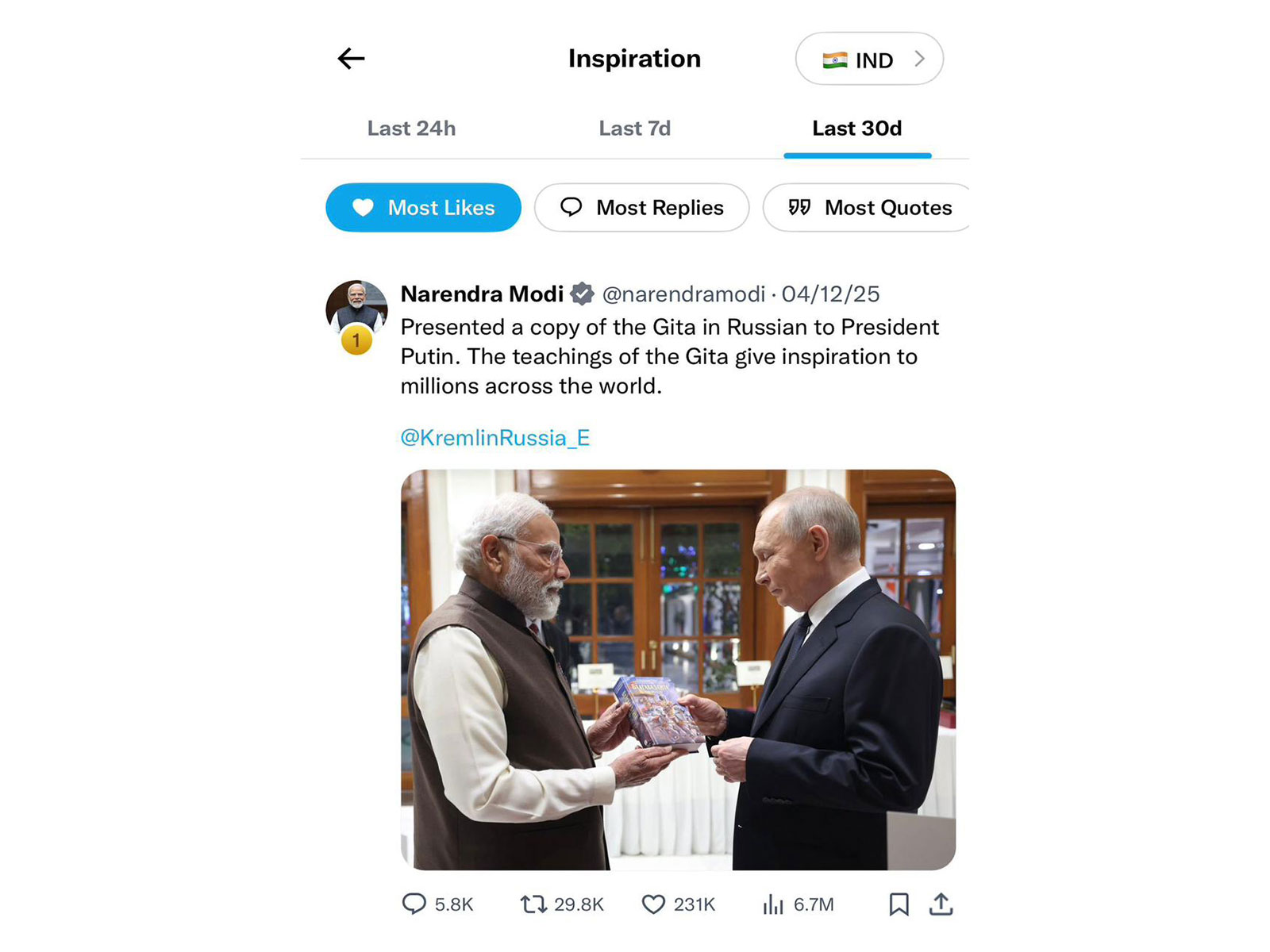 PM Modi's posts feature in 8 of India’s 10 most-liked tweets (Photo/Screengrab of X)