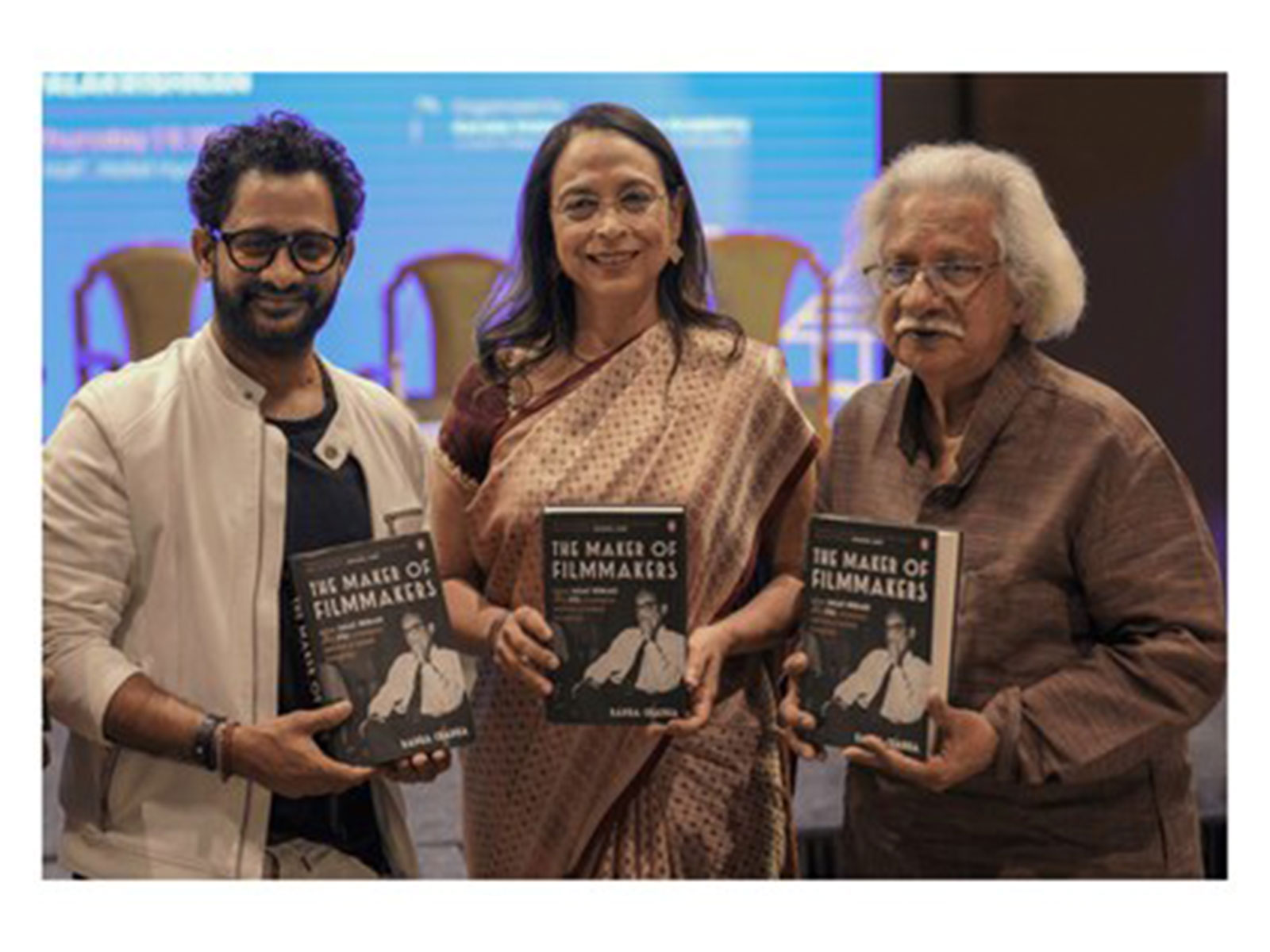 Resul Pookutty (Left) and Adoor Gopalakrishnan (Right) Unveil Radha Chadha’s Book ‘The Maker of Filmmakers’ at the International Film Festival of Kerala