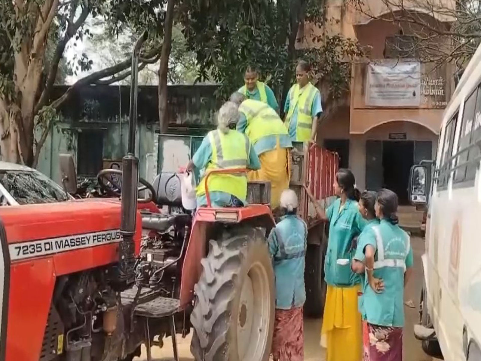 Female contract sanitation workers allegedly transported in garbage vehicle, Poonamallee (Photo/ANI)