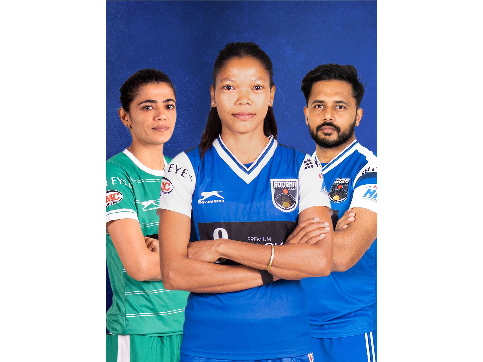 Soorma Hockey Club Women's co-captains Savita Punia (Left), Salima Tete (Centre) and men's captain Harmanpreet Singh (Right) (Image: SHC media)
