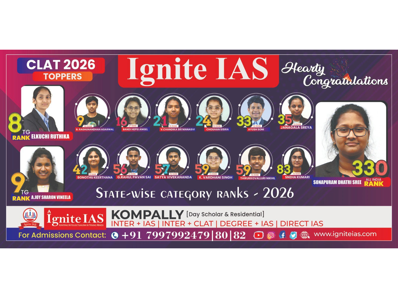 Ignite IAS Shines with Top CLAT 2026 Ranks Across Telangana, Reaffirms Its Position as a National Leader in Integrated Civil Services and Law Education