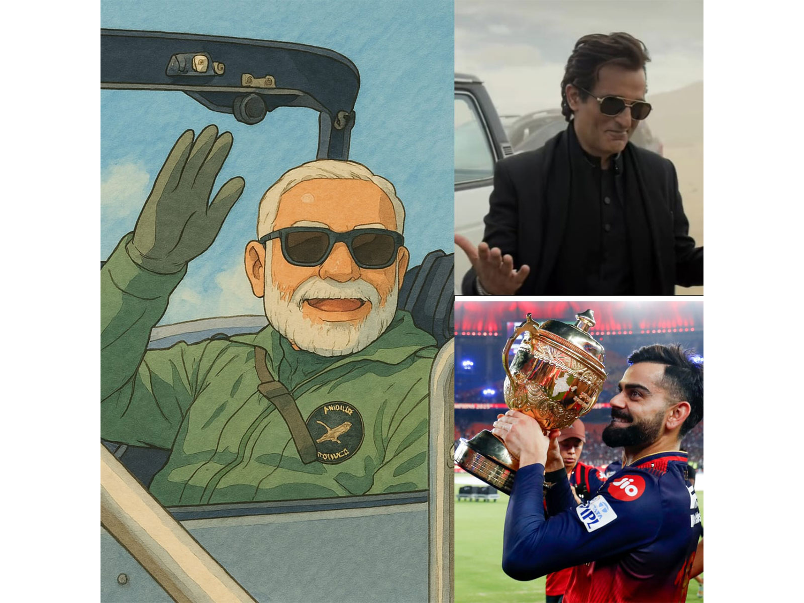 PM Modi (L), Akshaye Khanna in 'Dhurandhar' song (U), Virat Kohli (D) (Photo/X/@mygovindia/Instagram/Ranveer Singh/File Photo: ANI)