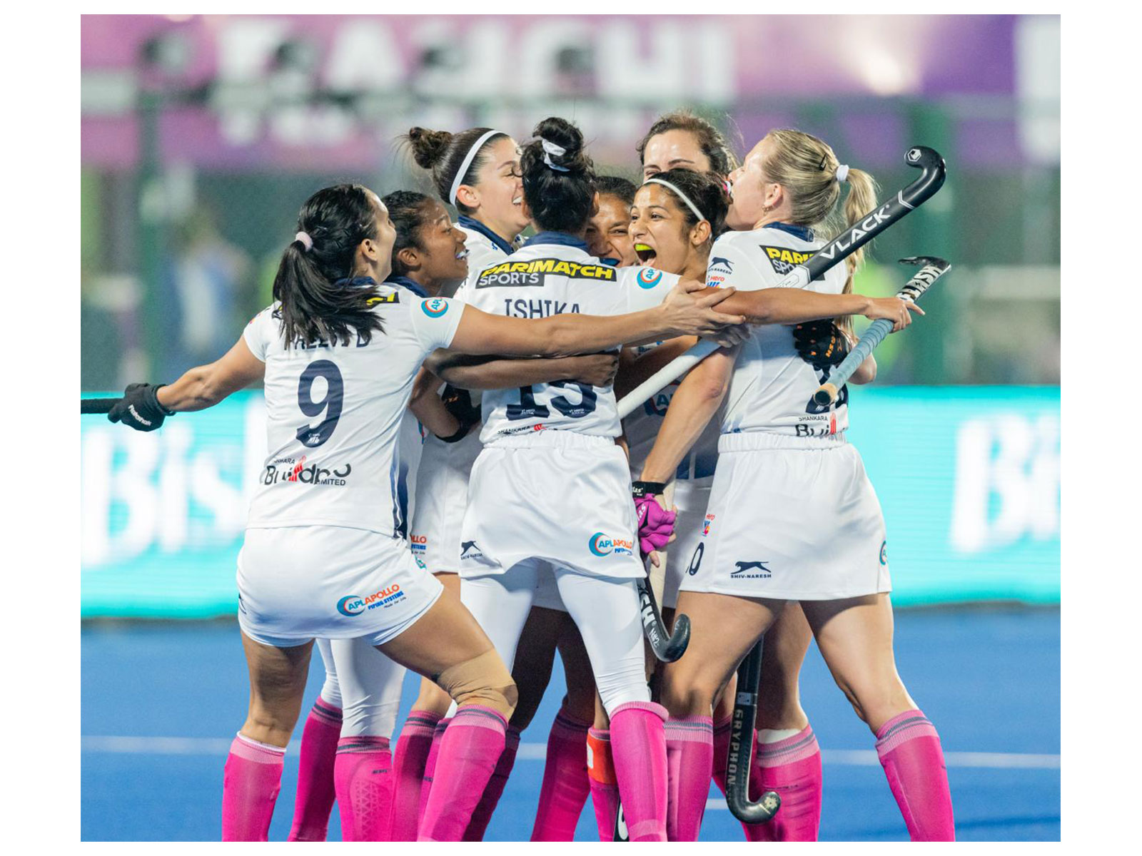 SG Pipers team celebration after scoring a goal against Ranchi Royals in Women's Hockey India League 2025-26 (Image: HI)