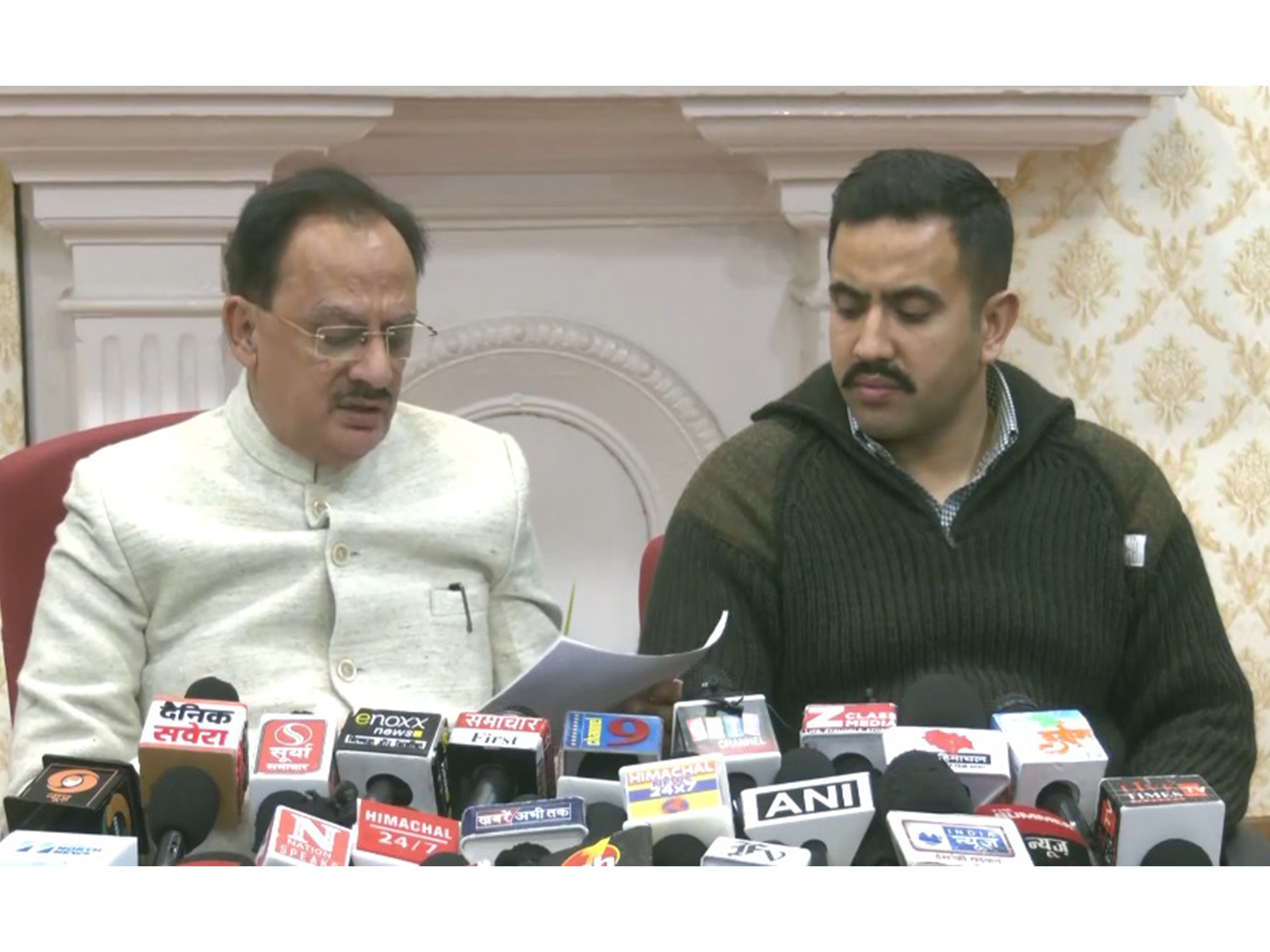 Industry Minister Harshvardhan Chauhan and Pwd Minister Vikramaditya Singh Press Conference (Photo/ANI)