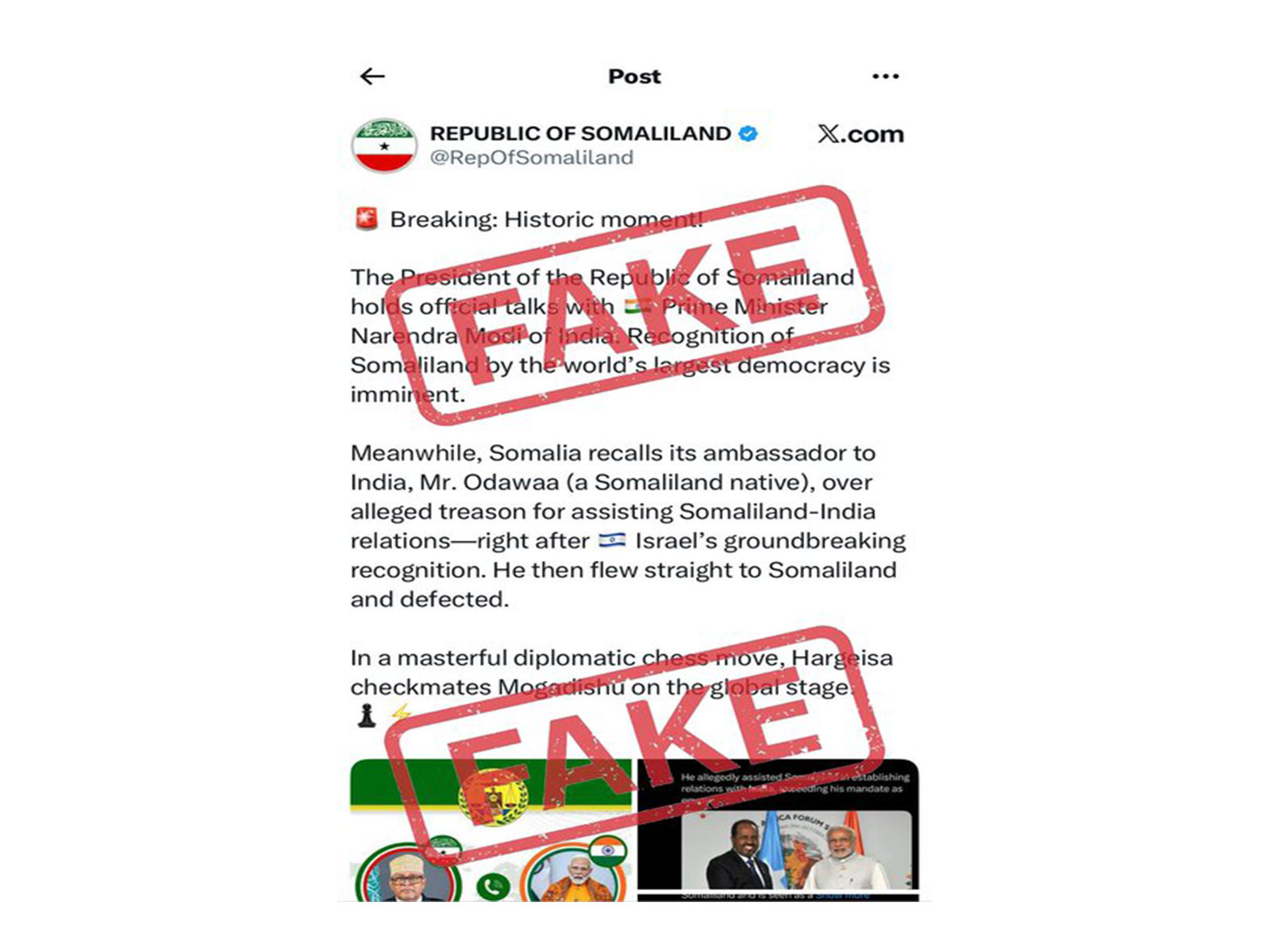 MEA Factcheck flags viral posts claiming India–Somaliland talks as fake (Photo: X/@MEAFactCheck)