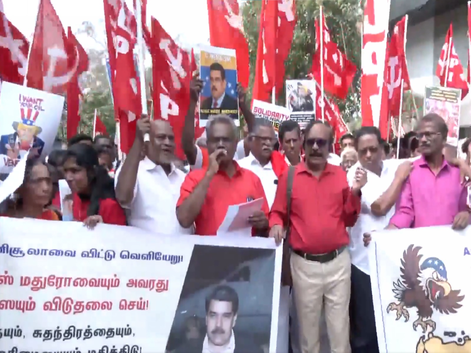 CPI cadres staging a protest near the U.S. Consulate General in Chennai against the USA attack on Venezuela (Photo/ANI)