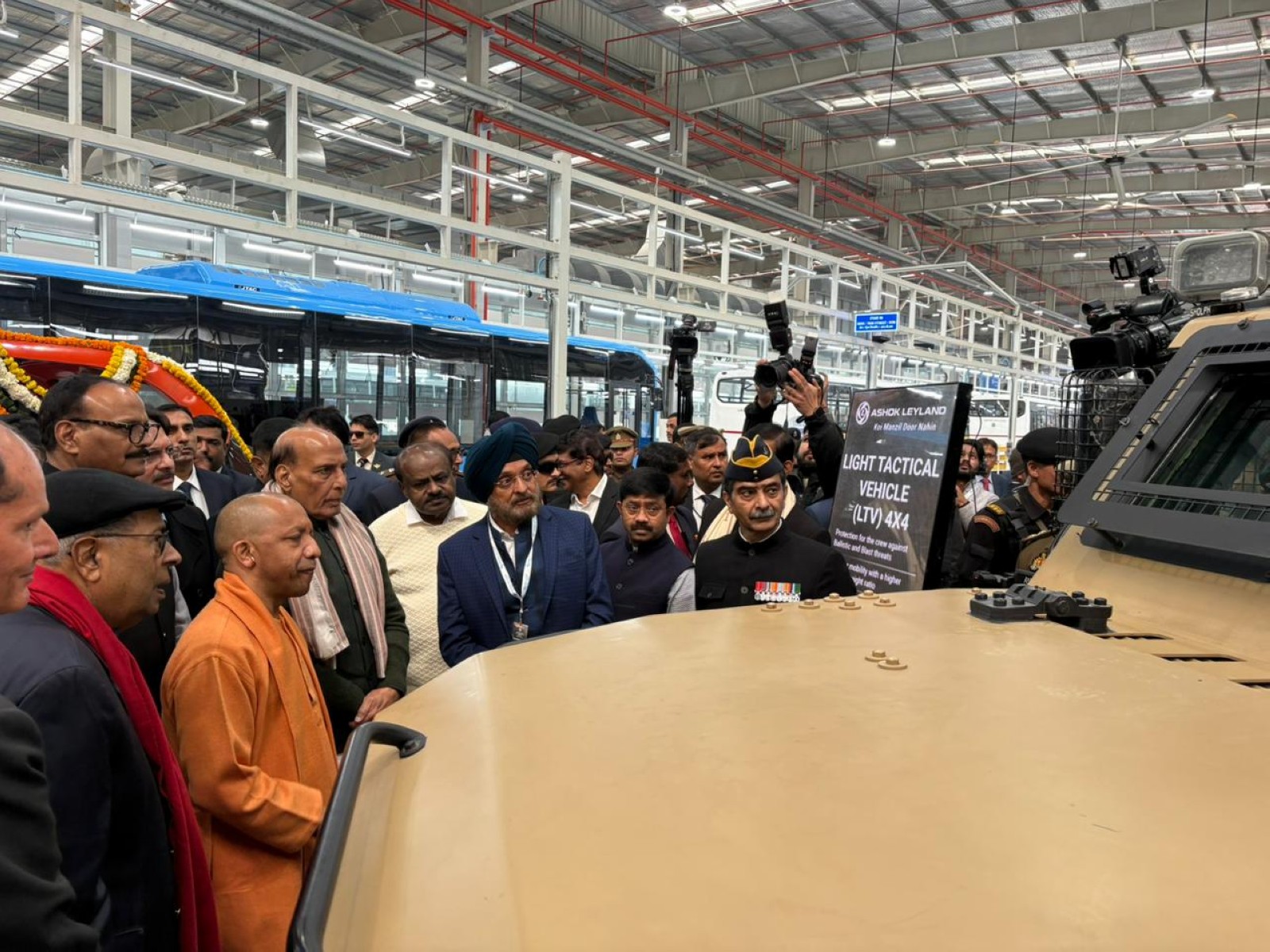 Defence Minister Rajnath Singh at Ashok Leyland’s manufacturing plant in Lucknow (Photo/ANI)