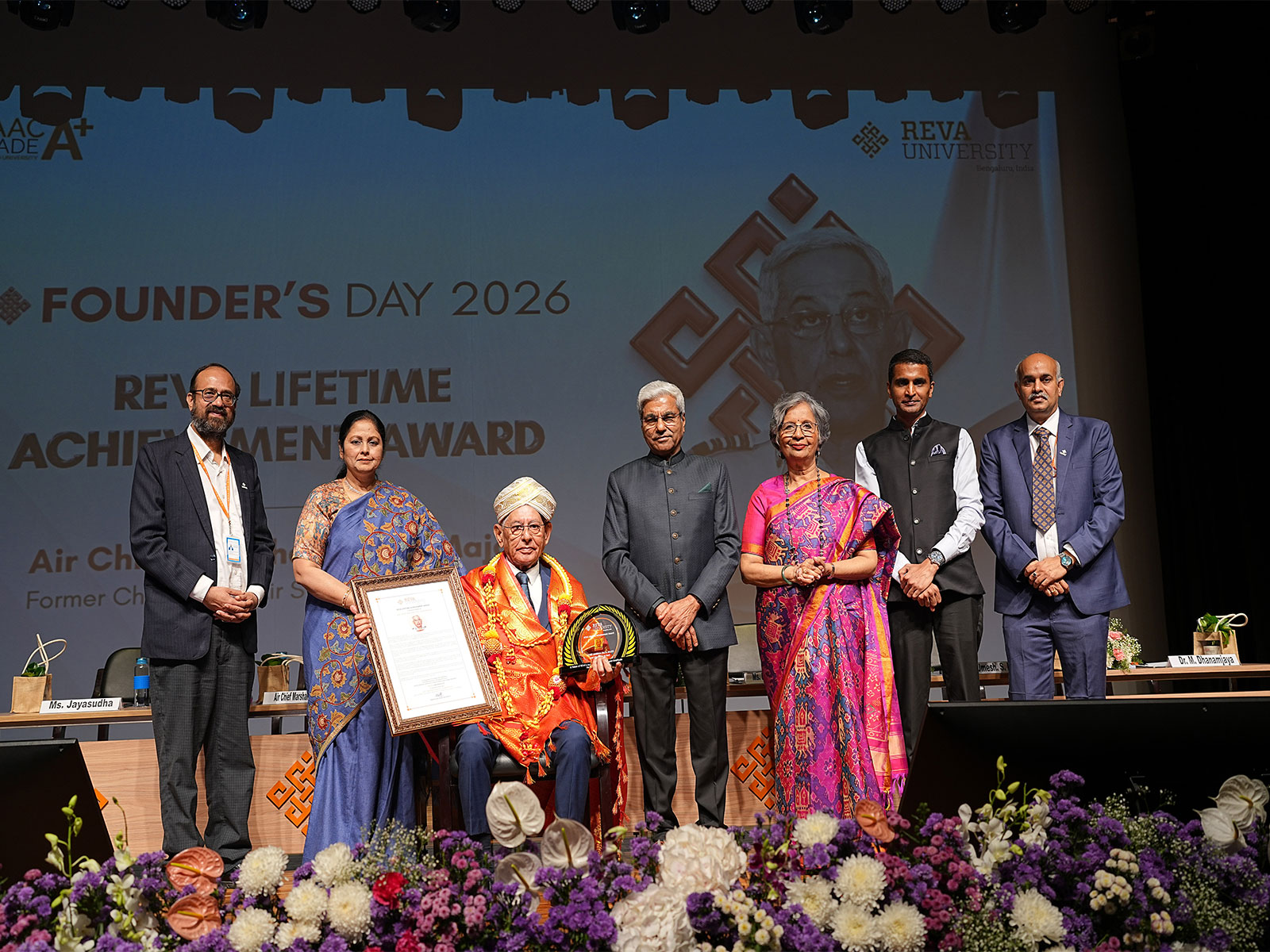 Air Chief Marshal Fali H. Major, former Chief of the Air Staff, receives the REVA Lifetime Achievement Award from Dr. P. Shyama Raju, Chancellor, at REVA University Founder’s Day, Jan 6, 2026