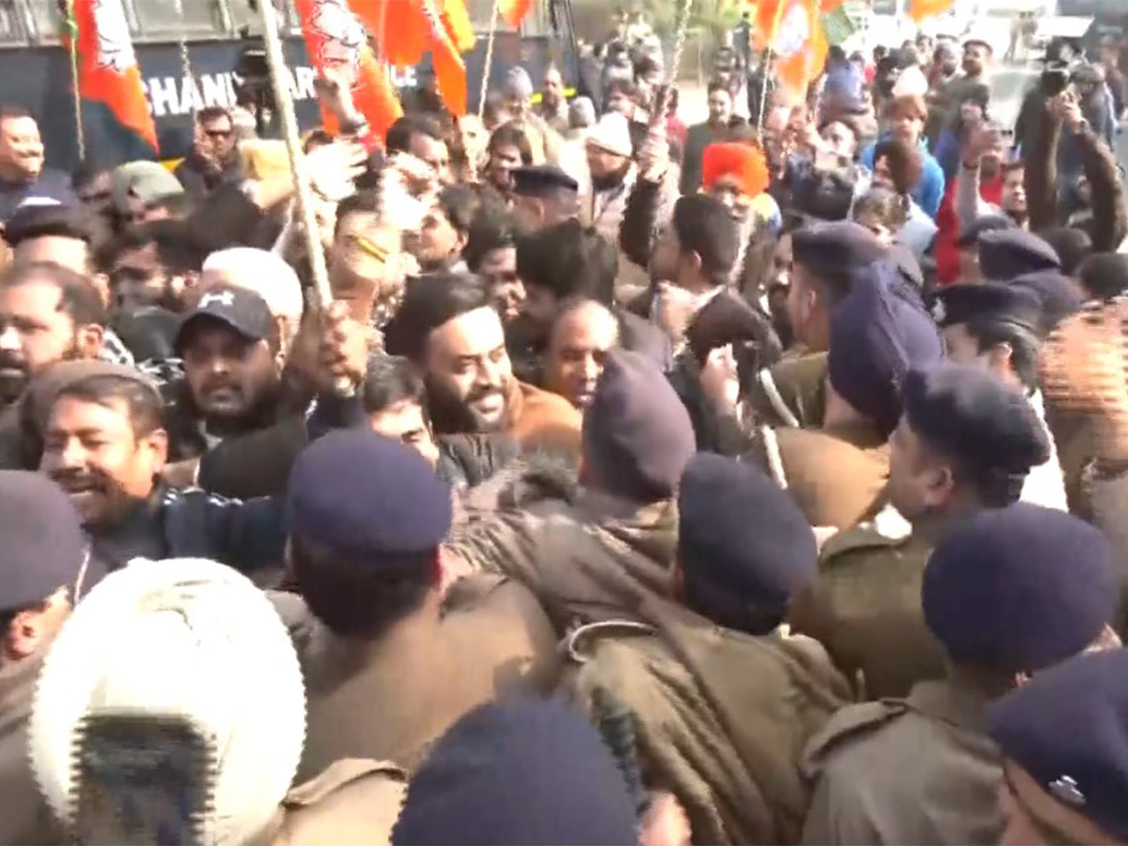 BJP workers hold protest in Chandigarh on Sunday. (Photo/ANI)
