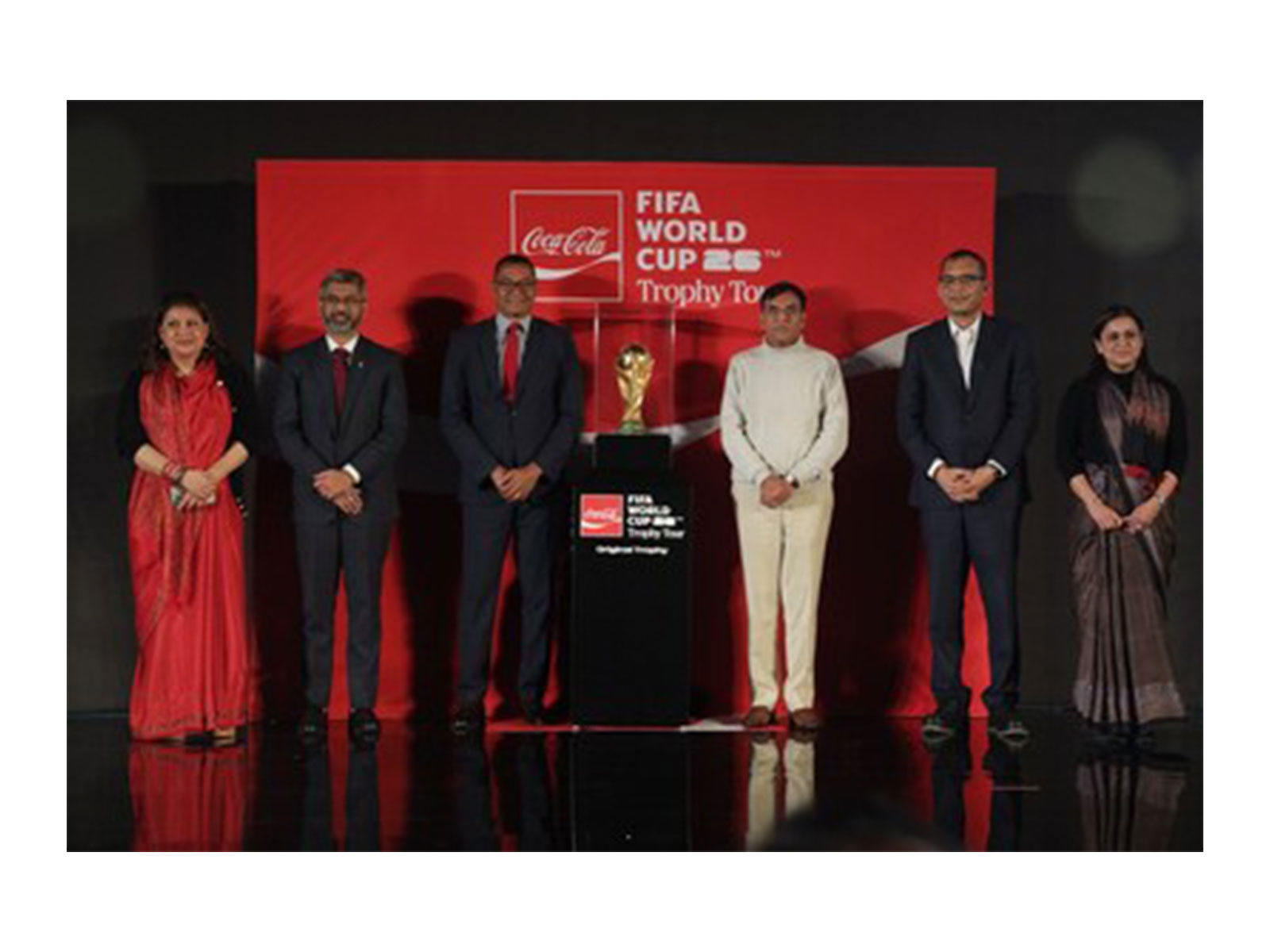 Coca-Cola India leaders, FIFA legend Gilberto D’Silva, President AIFF, Kalyan Chaubey & Minister Mansukh Mandaviya at the FIFA World Cup™ Trophy by Coca-Cola India unveiling in Delhi