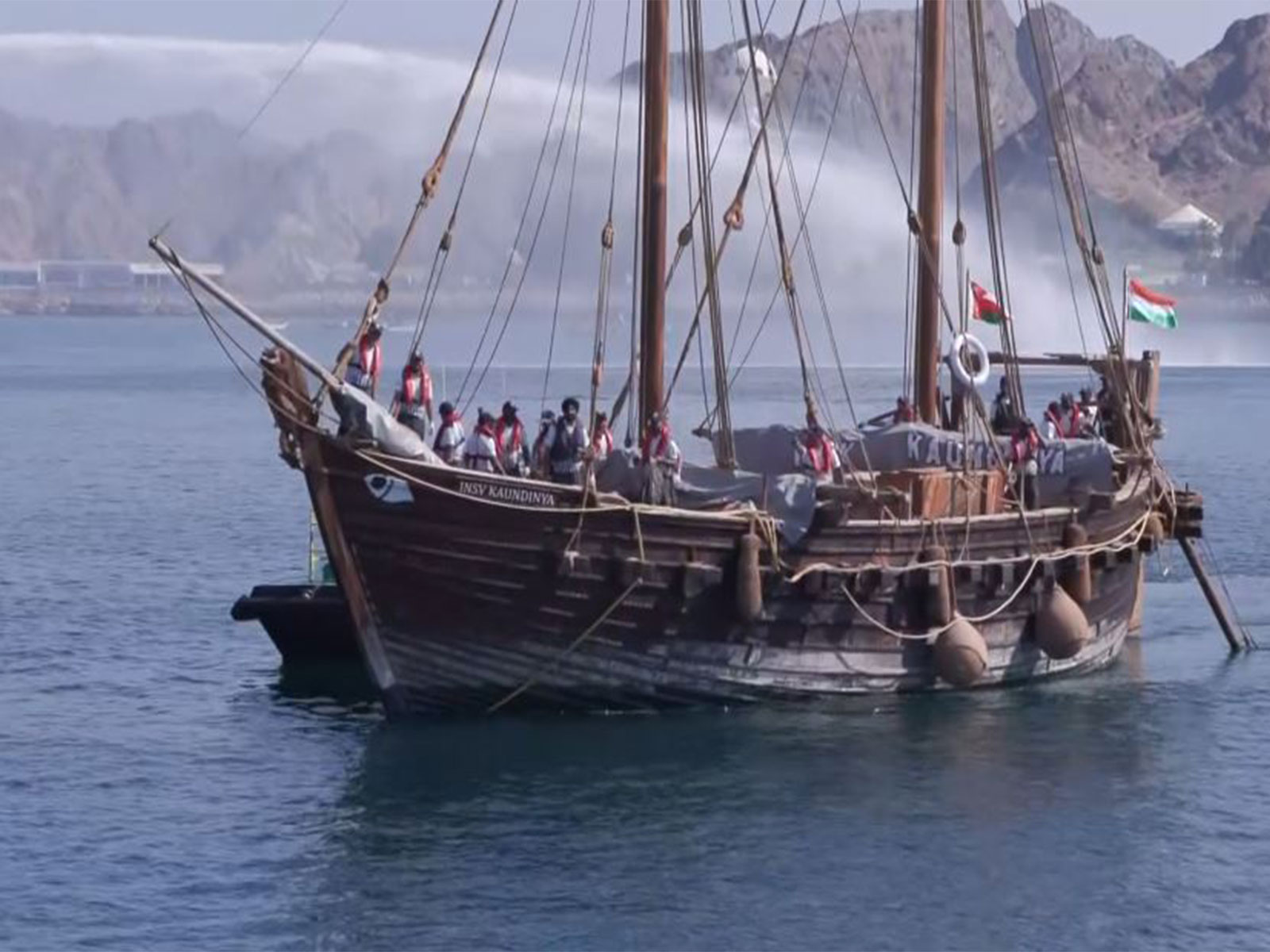INSV Kaundinya receives water salute on arrival in Muscat (Photo/ANI)