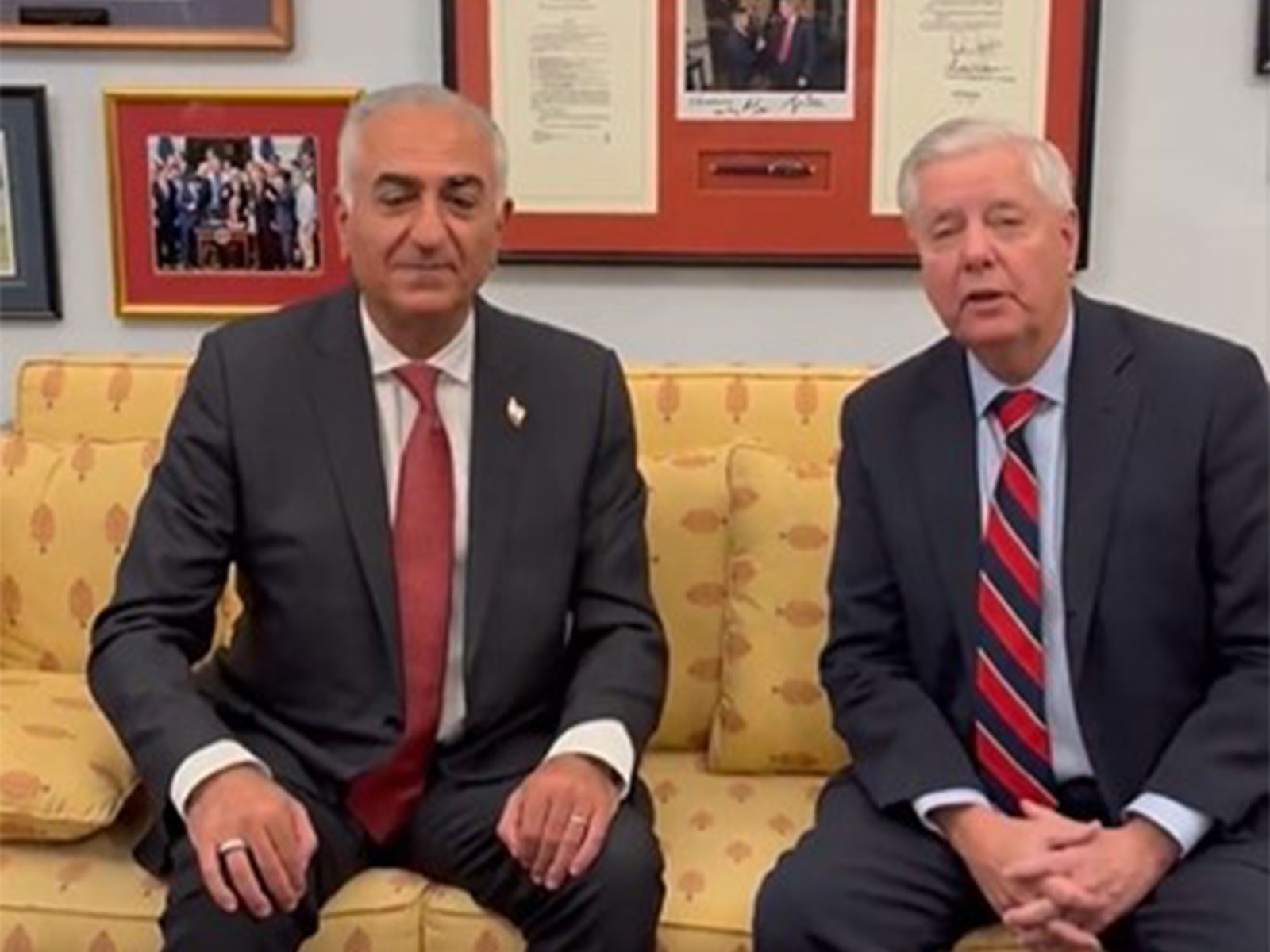 US Senator Lindsey Graham with the exiled crown prince of Iran Reza Pahlavi. (Photo/X@LindseyGrahamSC)