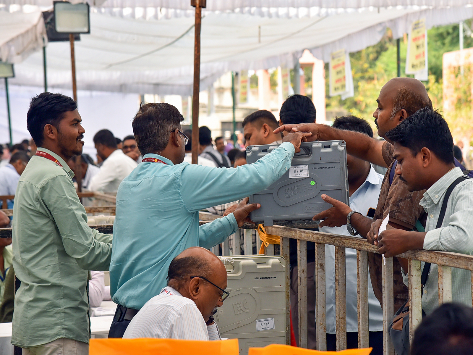 Polling officials collect election materials before leaving for their respective polling stations (Photo: ANI)