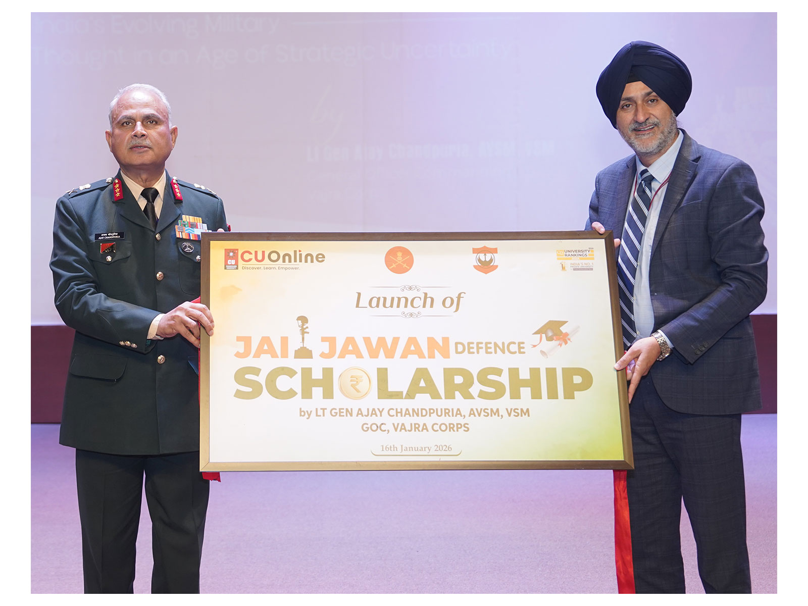 Lt Gen Ajay Chandpuria, General Officer Commanding, Vajra Corps during the launch of ‘CU Online Jai Jawan Scholarship’ at Chandigarh University