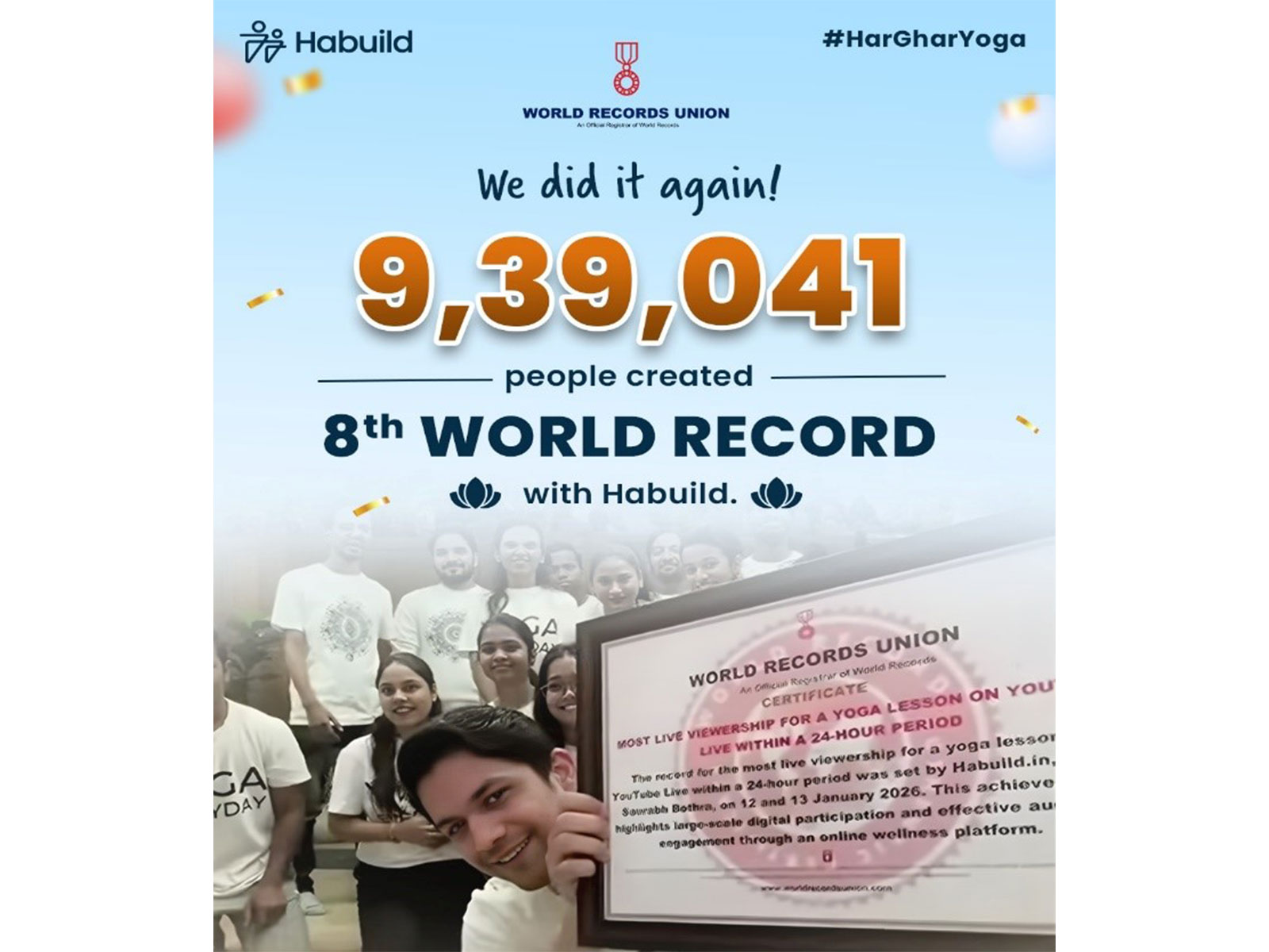 The initiative brought together global participants across a full day of online sessions, marking the highest recorded yoga viewership in a single day