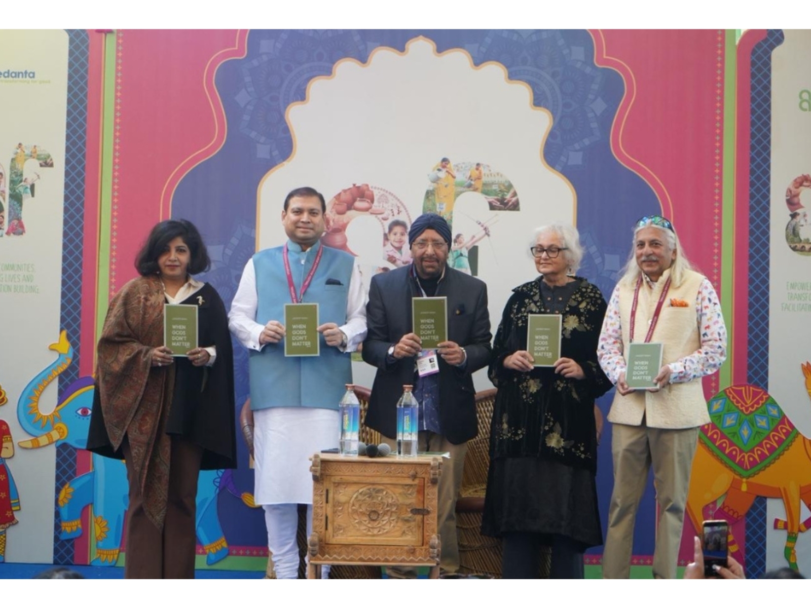 Swati Vashishtha, Sundeep Bhutoria, Jagdeep Singh (author), Namita Gokhale and Sanjoy K Roy formally unveiling an anthology 'When Gods Don’t Matter' at the Jaipur LitFest 2026