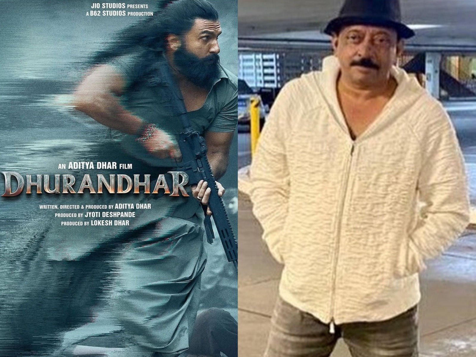 Dhurandhar poster(Photo/Instagram@jiostudios) and Ram Gopal Varma ((Photo/X:@RGVzoomin) Dhurandhar poster(Photo/Instagram@jiostudios) and Ram Gopal Varma ((Photo/X:@RGVzoomin)
