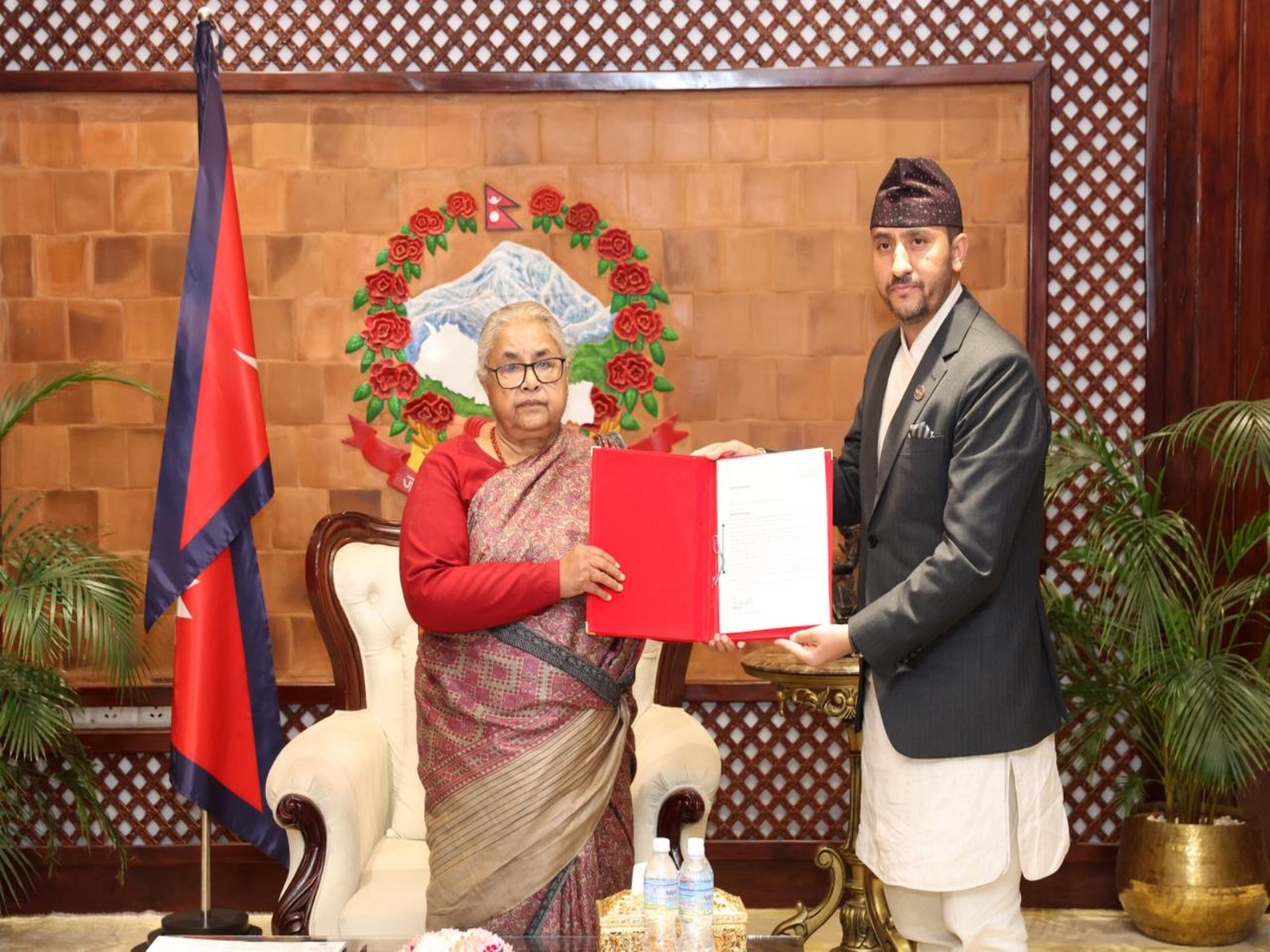 Nepal’s Minister for Communication Information Technology, Jagdish Kharel submits his resign to interim Prime Minister Sushila Karki (Photo/Nepal PM Secretariat)