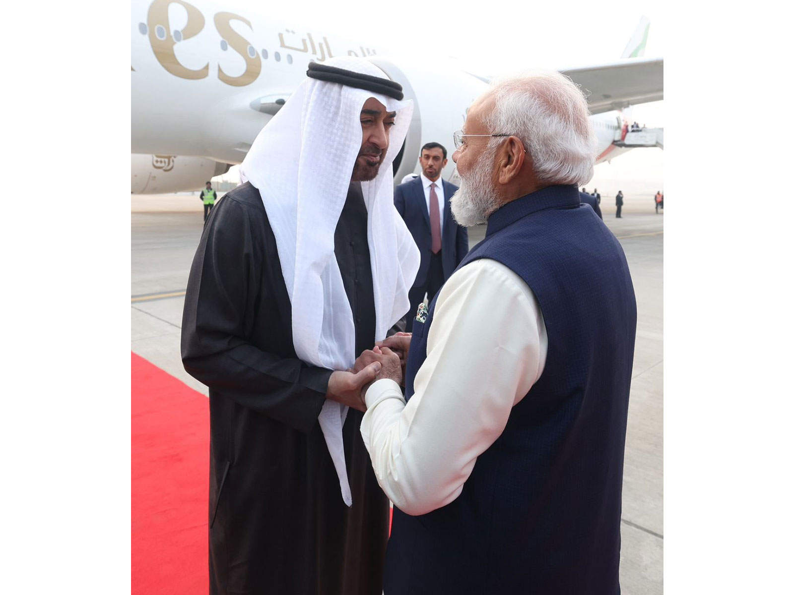 Prime Minister Narendra Modi welcomes UAE President Sheikh Mohamed bin Zayed Al Nahyan on his arrival for an official visit to India, in New Delhi. (Photo: X/@narendramodi)