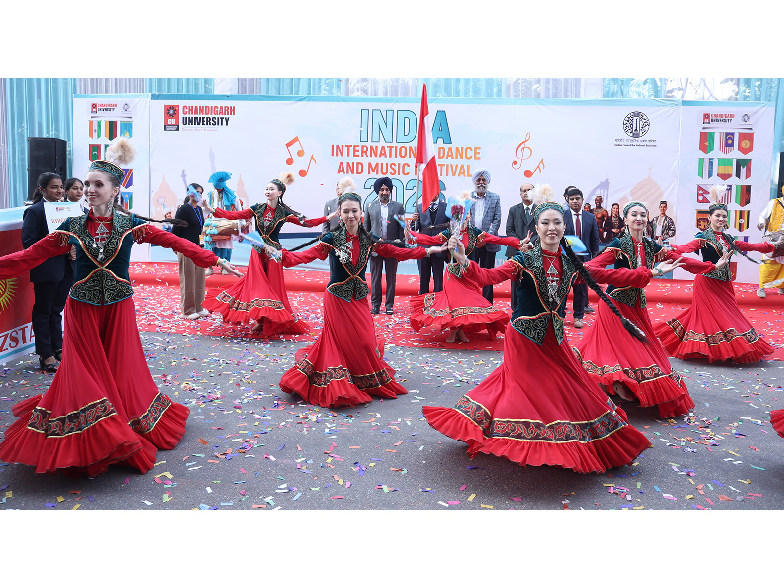 Artists from Kazakhstan performing their traditional folk dance 'Gakku' during International Dance and Music Festival 2026 at Chandigarh University Gharuan