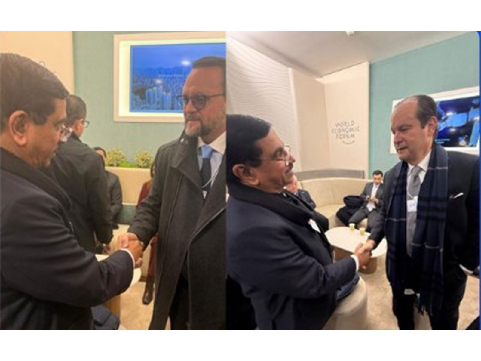 Union Minister Pralhad Joshi meets Panama's Minister of Commerce and Industry, Julio Armando Molto Alain, and Minister of Foreign Affairs, Javier Eduardo Martínez-Acha Vasquez in Davos. (Photo/@JoshiPralhad)