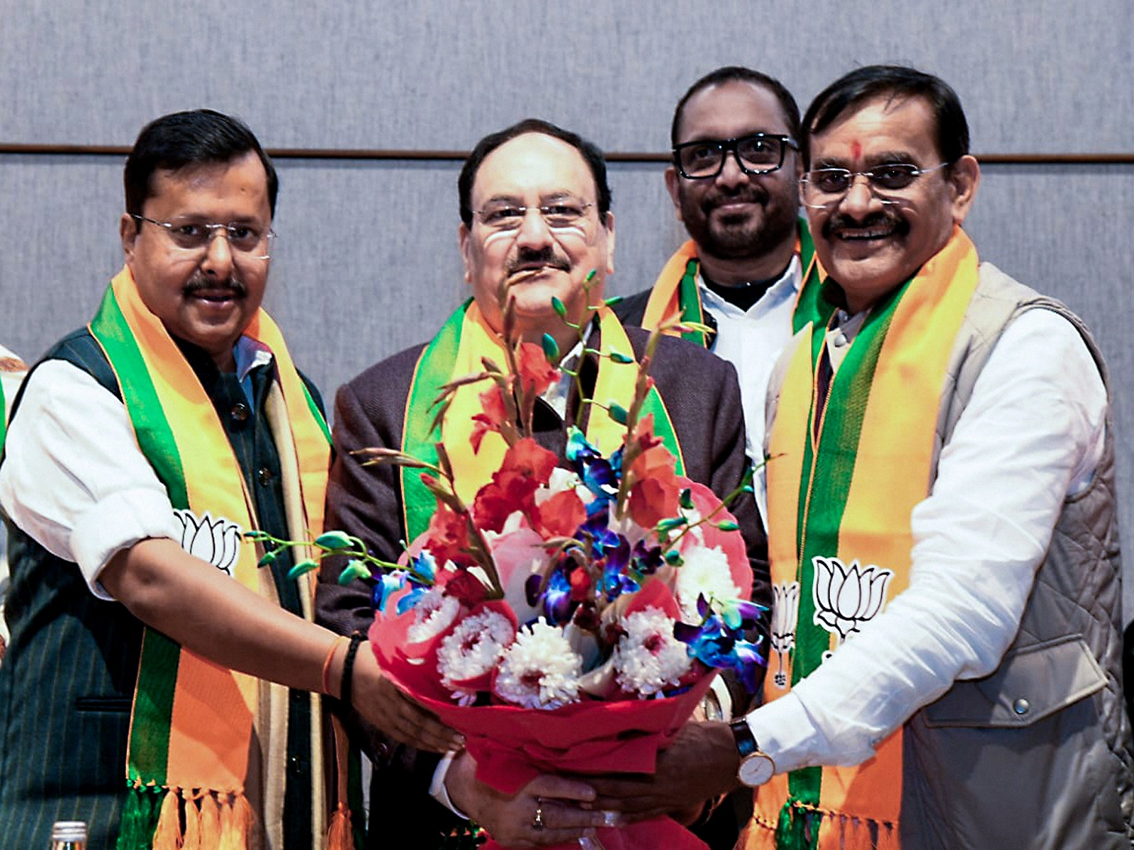BJP chief Nitin Nabin with Union Minister JP Nadda during party meeting (Photo: @JPNadda/X)