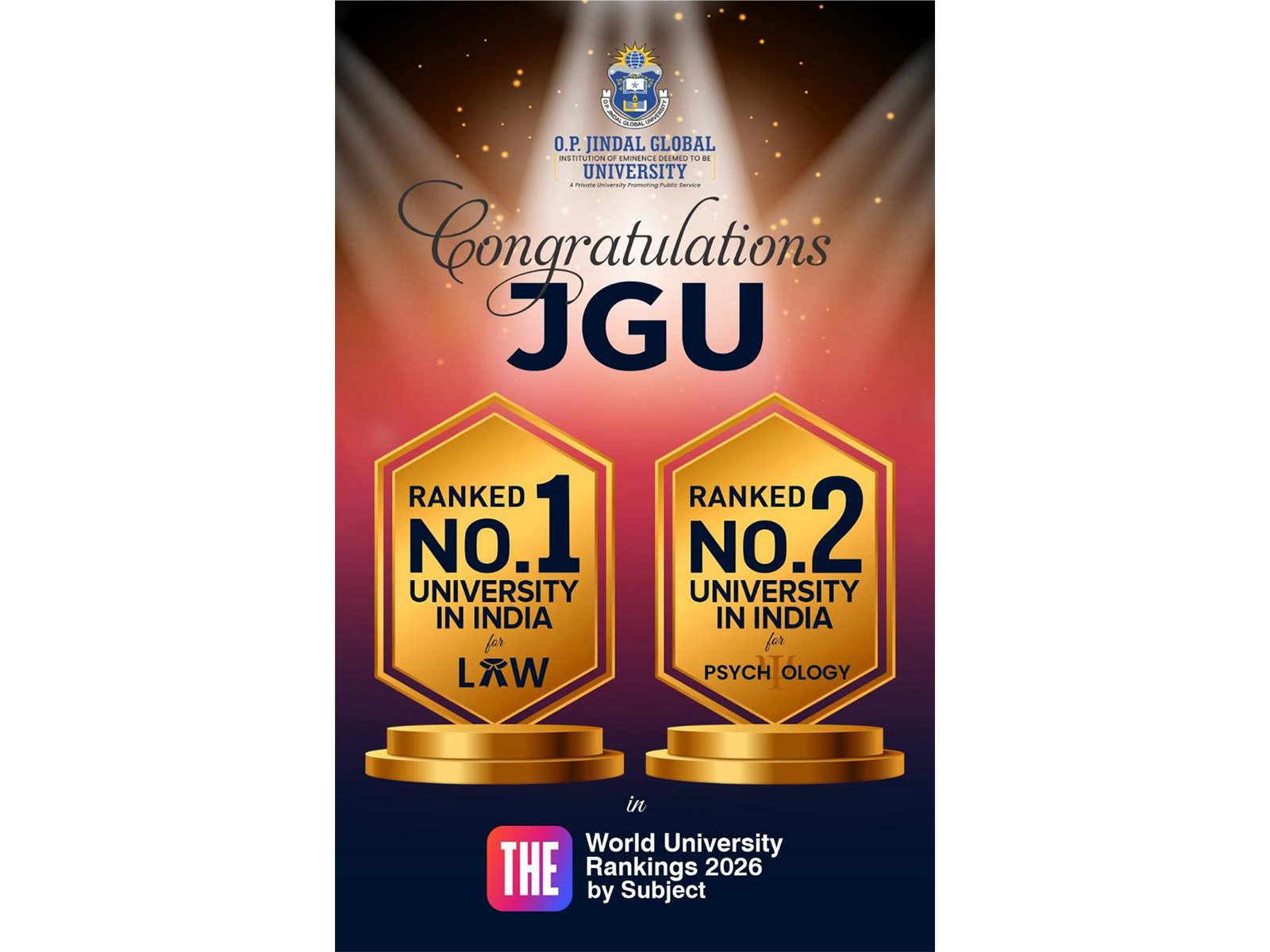 O.P. Jindal Global University Secures First Entry in the  Times Higher Education Subject Rankings 2026