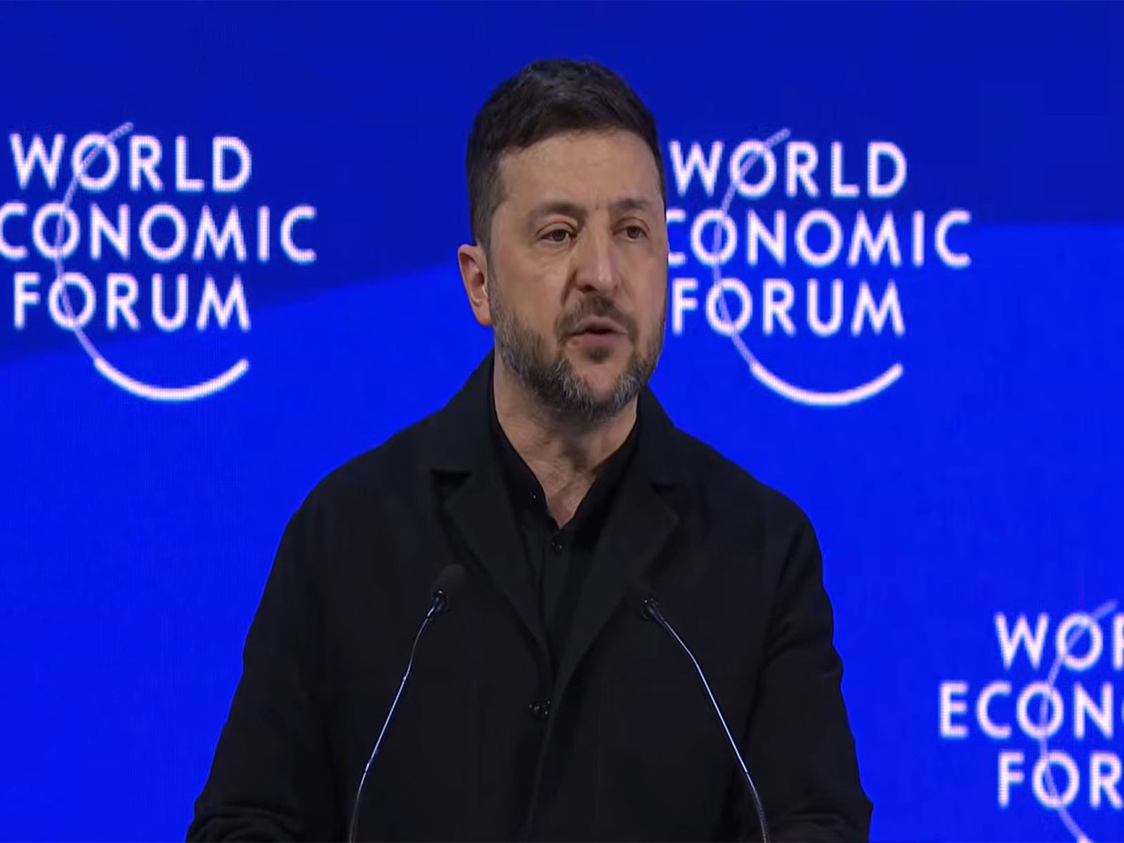 Ukrainian President Volodymyr Zelenskyy addresses the World Economic Forum in Davos. (Image Source: YouTube/WEF)