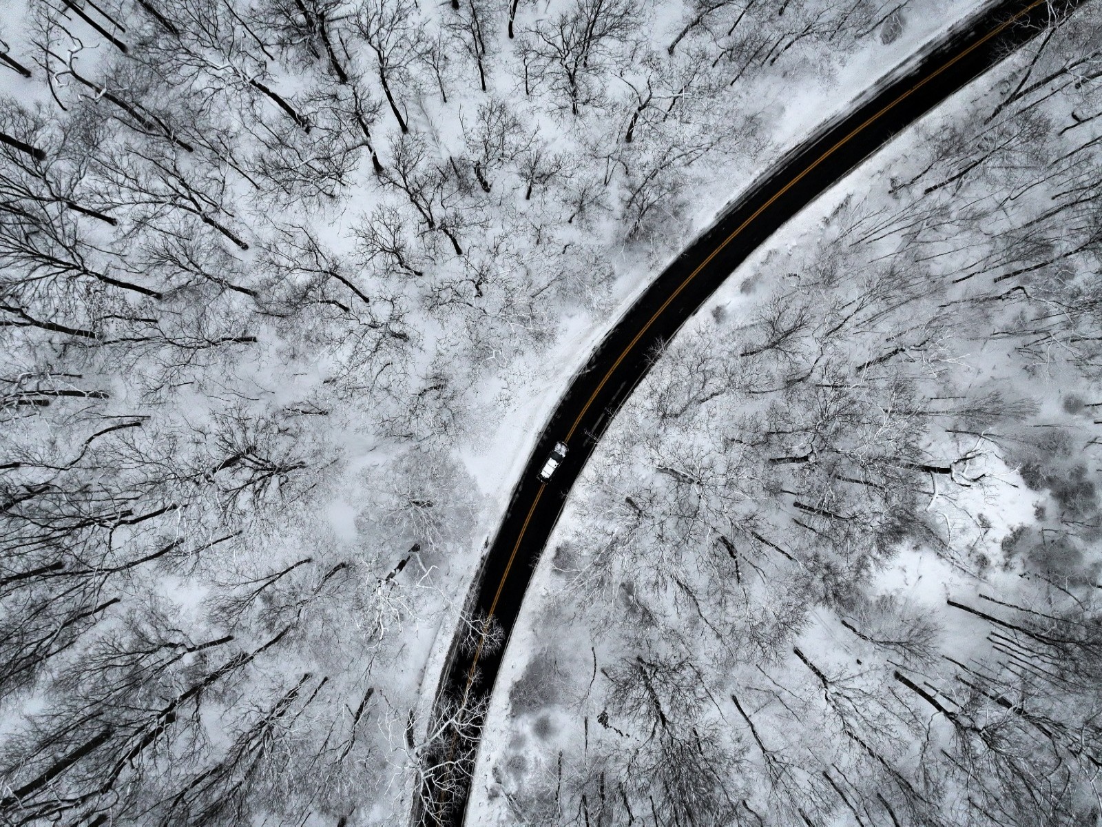 A drone view of a car driving through the snow covered woods of Blauvelt State Park in New York (File Photo/Reuters)