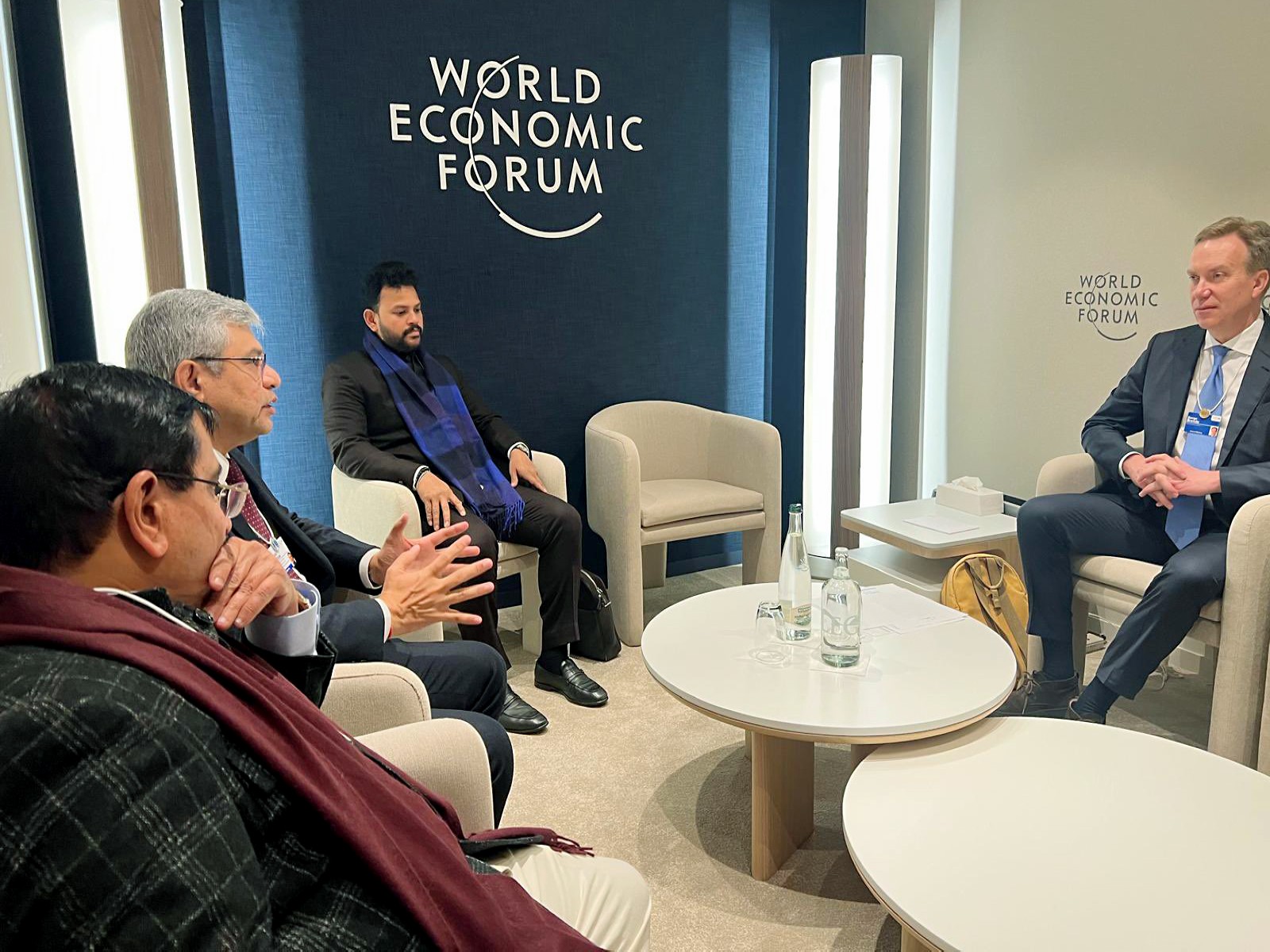 Ram Mohan Naidu, along with Ashwini Vaishnaw and Pralhad Joshi, meets with Borge Brende at WEF 2026 (Photo/ @ANI)