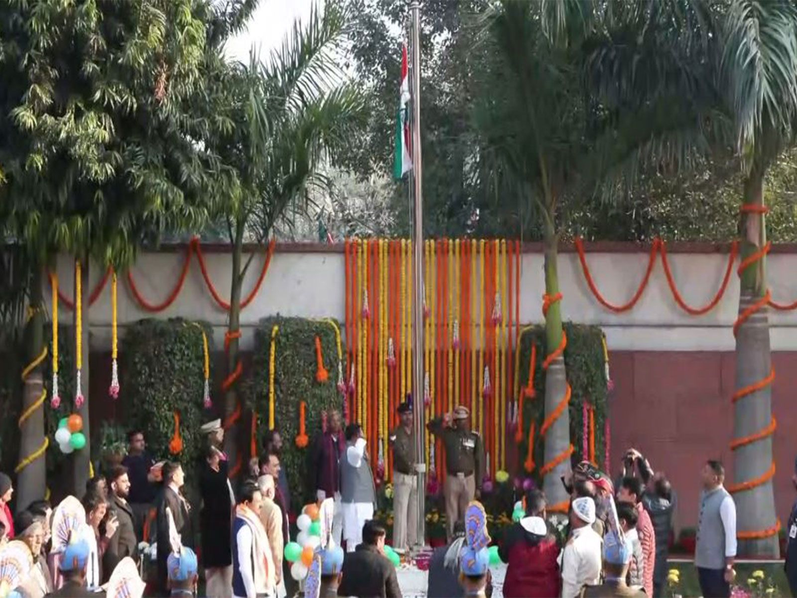 BJP national president Nitin Nabin unfurls the national flag at the party headquarters (Photo/ANI)