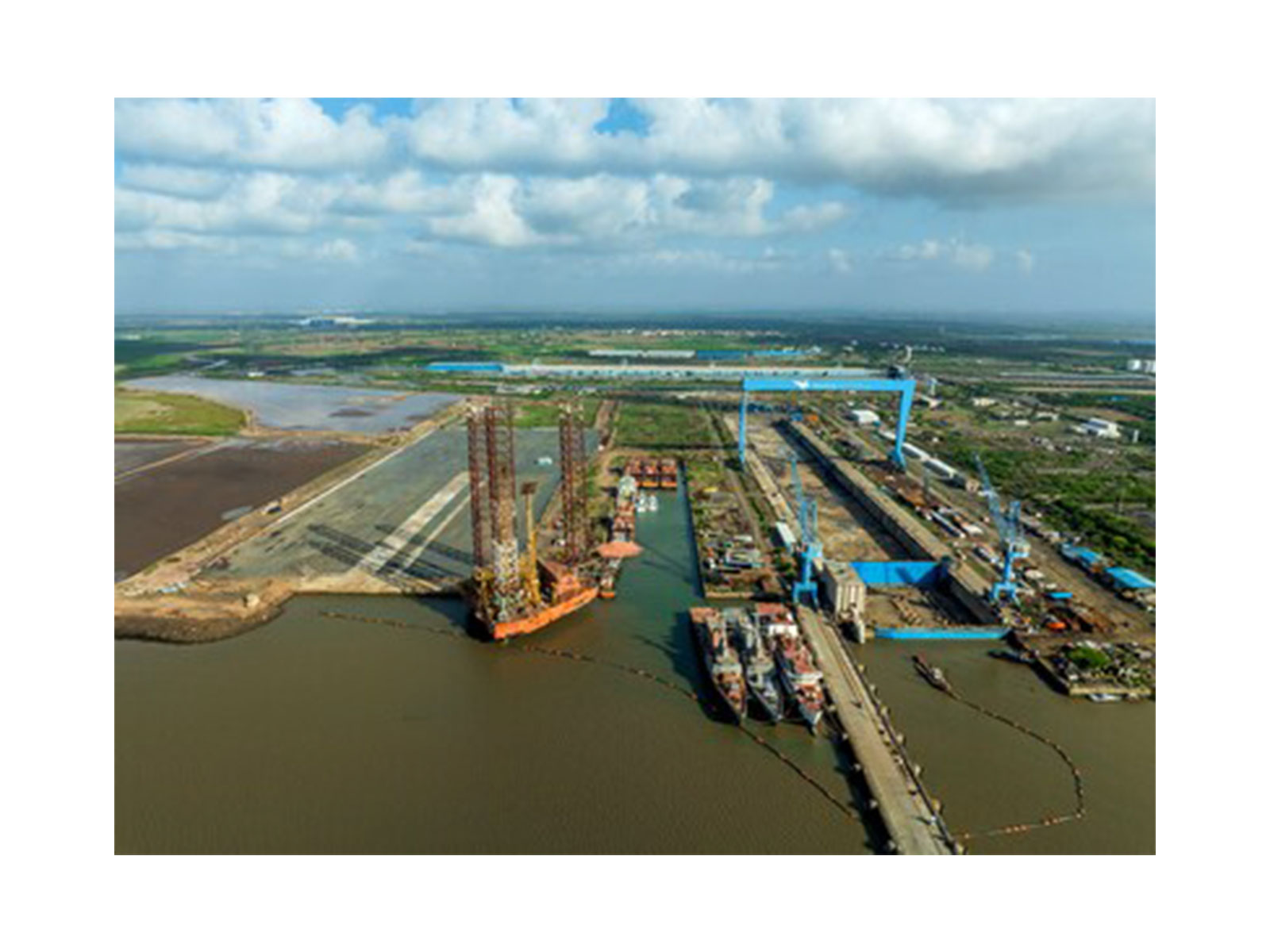 An aerial view of Swan Defence and Heavy Industries shipyard in Gujarat, India.