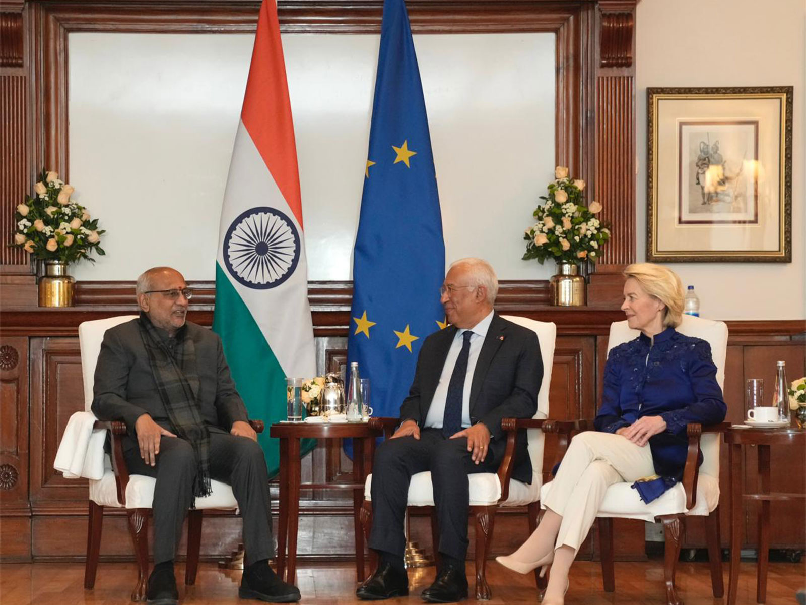 Vice President CP Radhakrishnan with the President of the European Council, António Costa, and the President of the European Commission, Ursula von der Leyen (Photo: X@VPIndia)