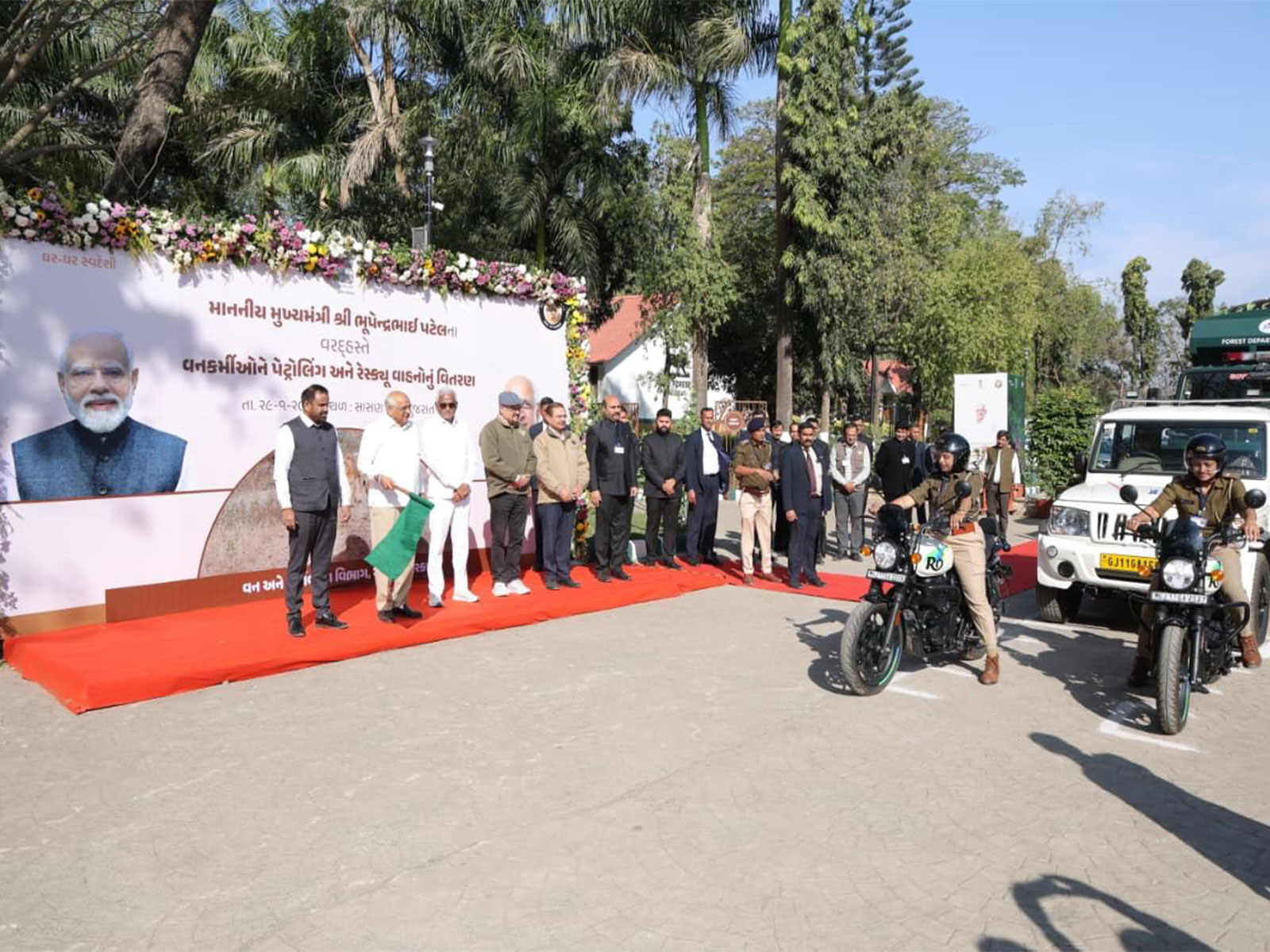 CM Bhupendra Patel flags off 183 vehicles for forest personnel at Sasan Gir (Photo/ANI)