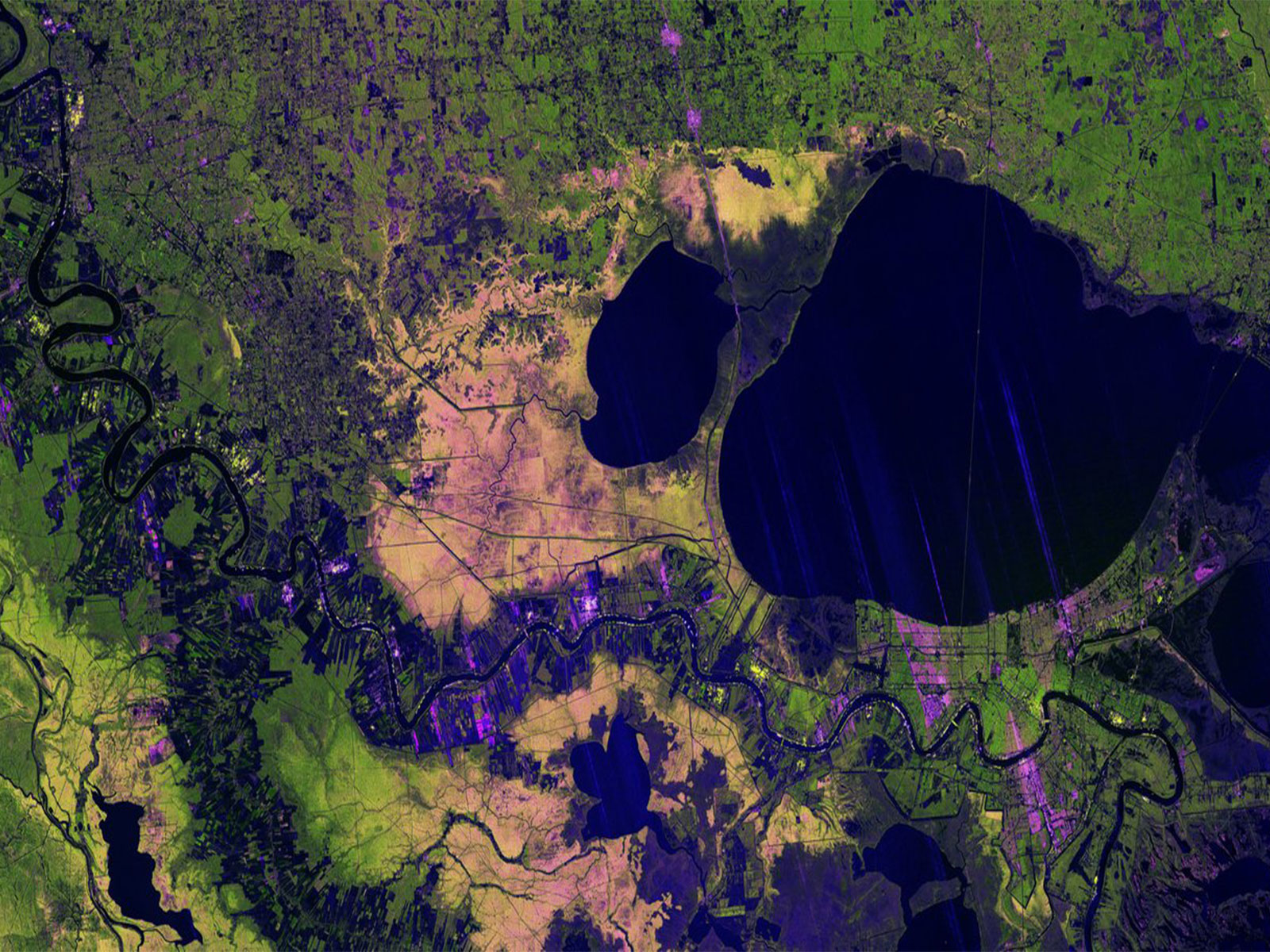 An image captured by NISAR’s L-band SAR instrument on November 29, 2025, shows New Orleans and Baton Rouge, the Mississippi River, Lake Pontchartrain, and surrounding wetlands, farmland and populated areas, with colours indicating different land cover types. (Image Source: NASA)