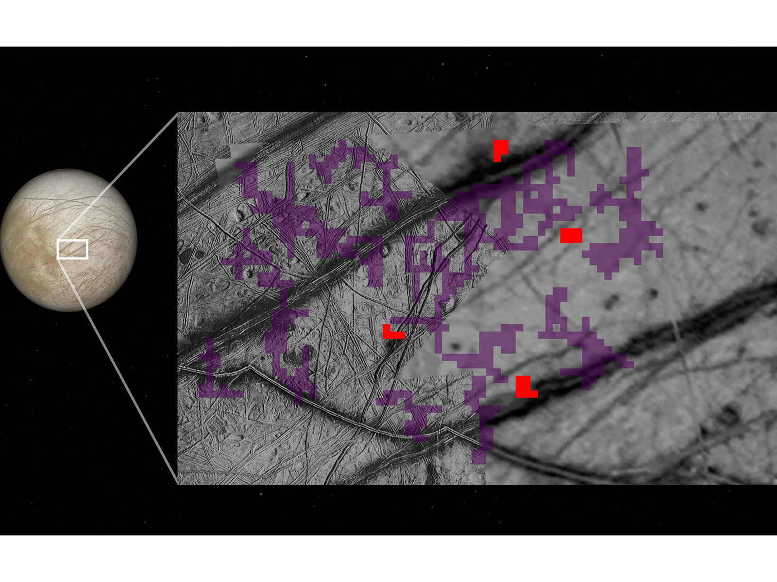 Red pixels mark locations on Europa’s surface where ammonia-bearing compounds were detected (Photo/NASA)