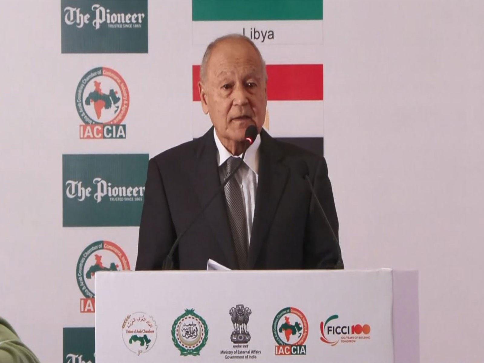 Arab League Secretary General Ahmed Aboul Gheit speaks at a public interaction hosted by the Indian Council of World Affairs in New Delhi. (Photo/ANI) Arab League Secretary General Ahmed Aboul Gheit speaks at a public interaction hosted by the Indian Council of World Affairs in New Delhi. (Photo/ANI)