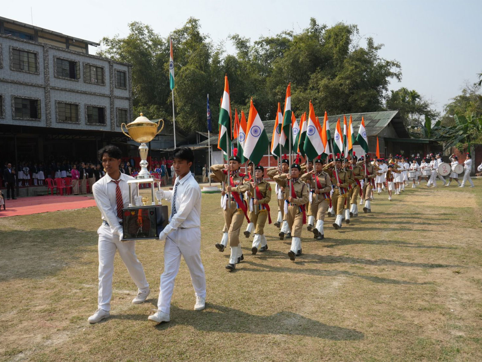 Indian Army conducts trophy tour of 21st Capt Jintu Gogoi, Vir Chakra Memorial Football Tournament at Digboi  (Photo/ANI)