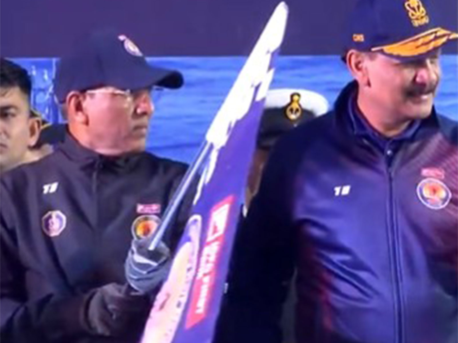 Union Minister Mansukh Mandaviya (left) and Indian Navy chief Admiral Dinesh K Tripathi (right) (Photo: ANI)