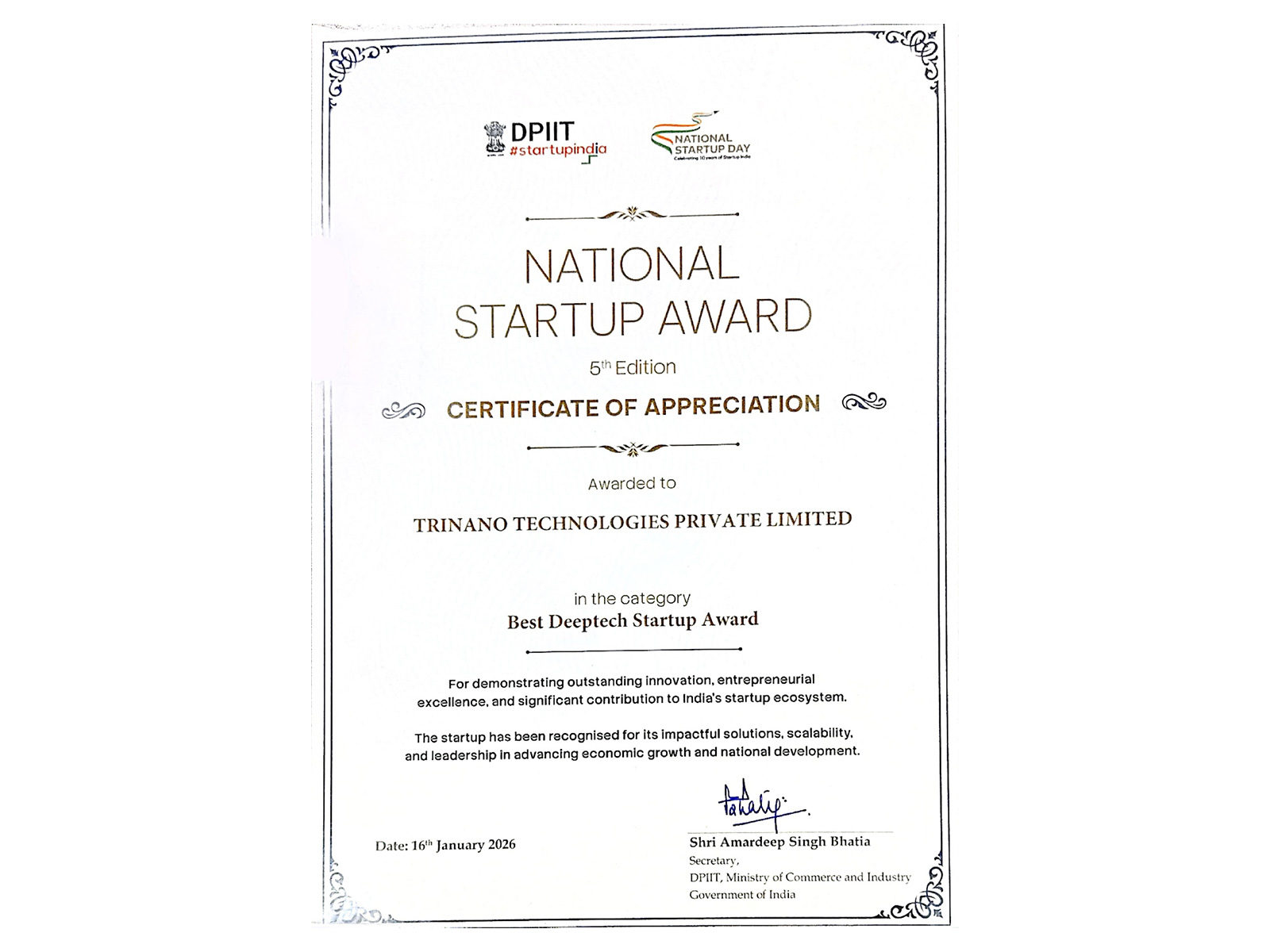 National Day Startup 2026 TriNano Technologies wins Best Deeptech Startup Award